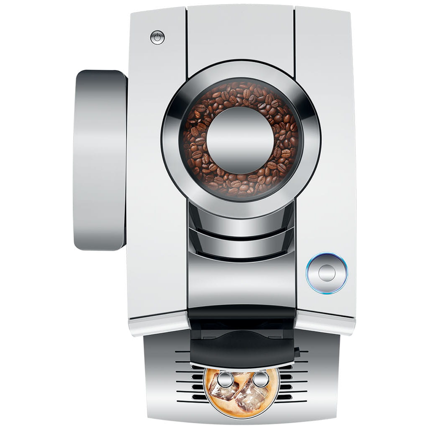 Witte koffiemachine met bonenreservoir en ijzige drank