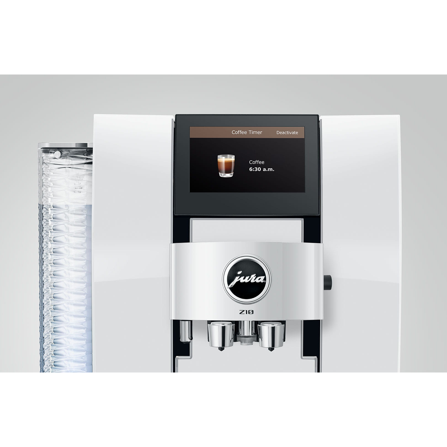 Een witte koffiemachine met een scherm dat een espresso toont.
