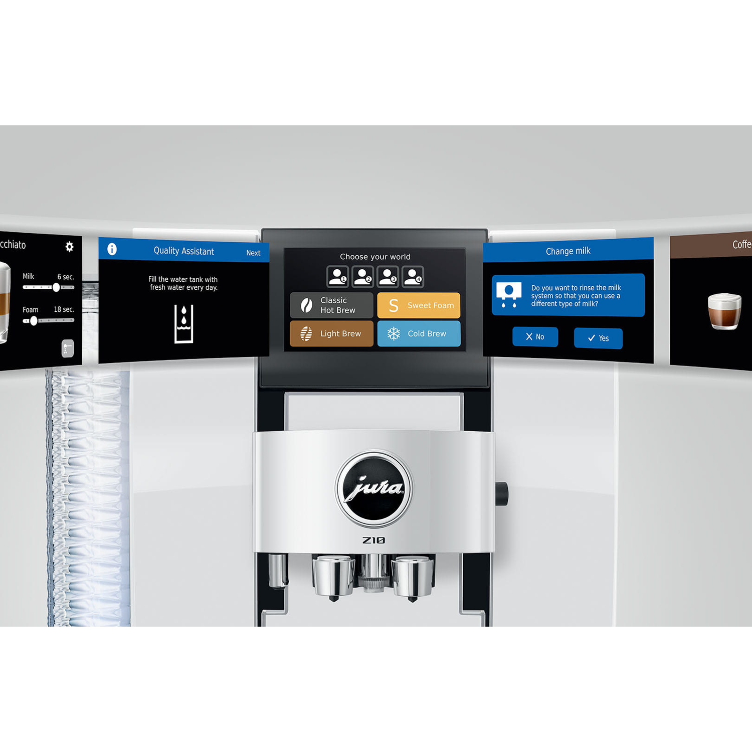 Jura Z10 koffiemachine scherm toont opties: Kwaliteitsassistent, Kies uw wereld, Melk veranderen.