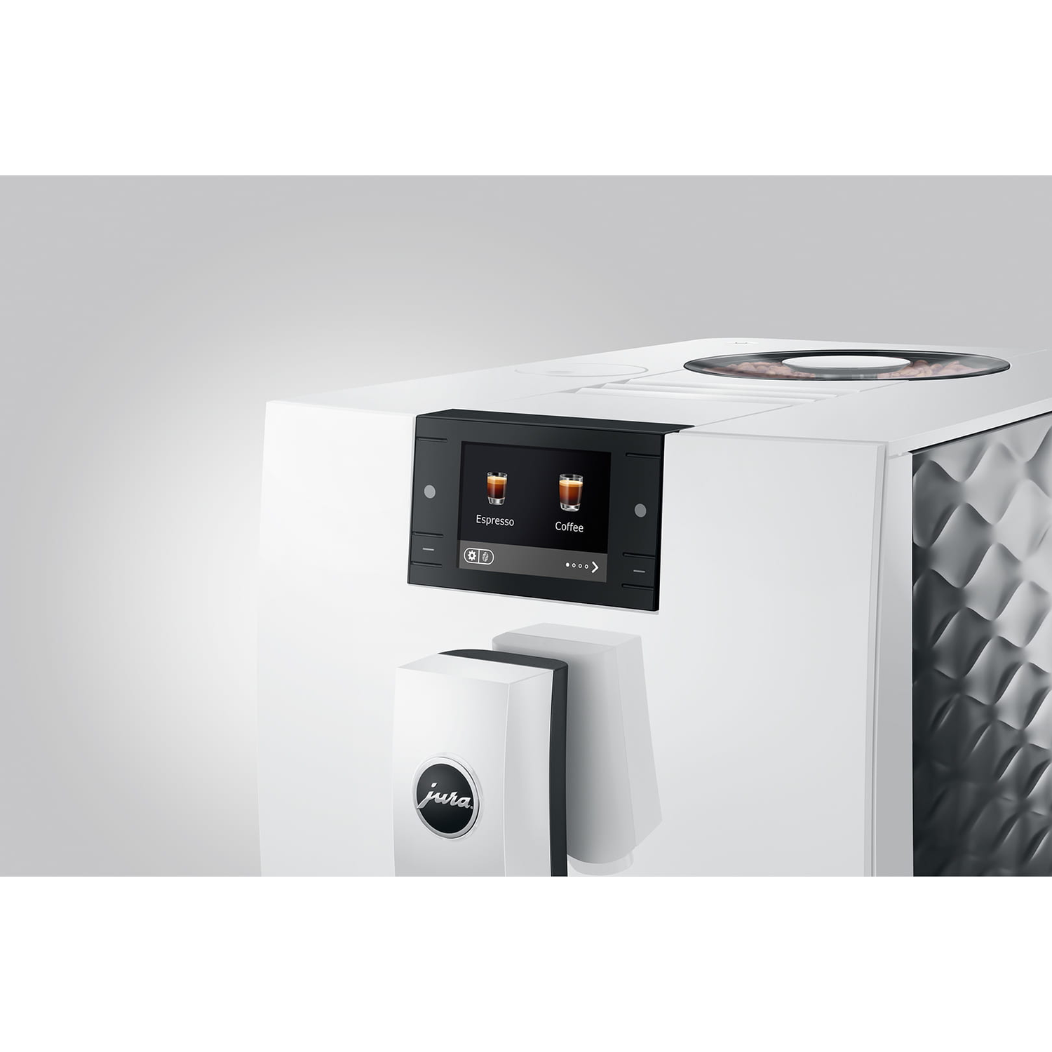 Een witte koffiemachine met touchscreen waarop Espresso en Koffie opties worden weergegeven.
