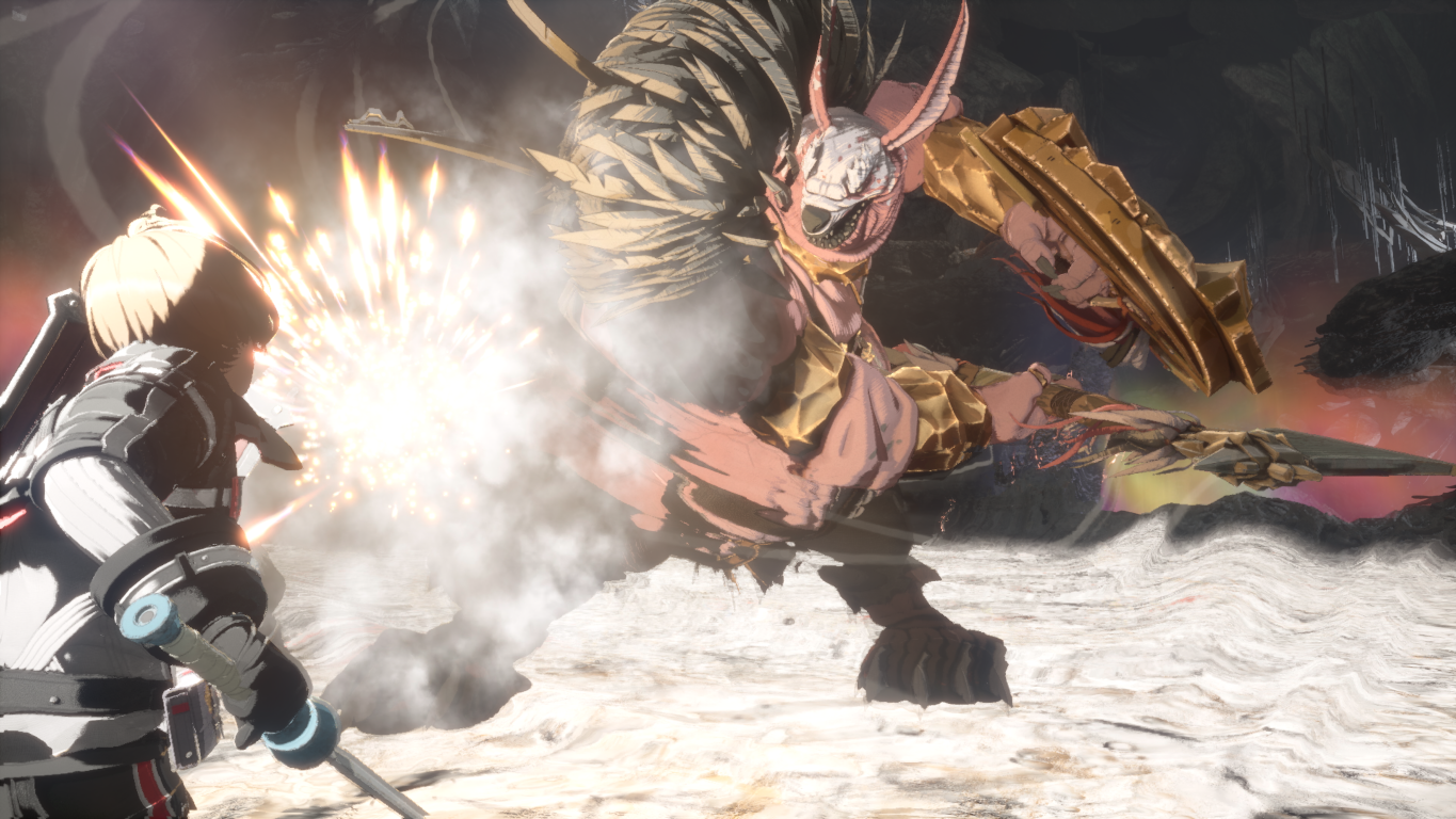 Blond postać strzela strumieniem energii w dużego, różowego potwora ze złotą zbroją.