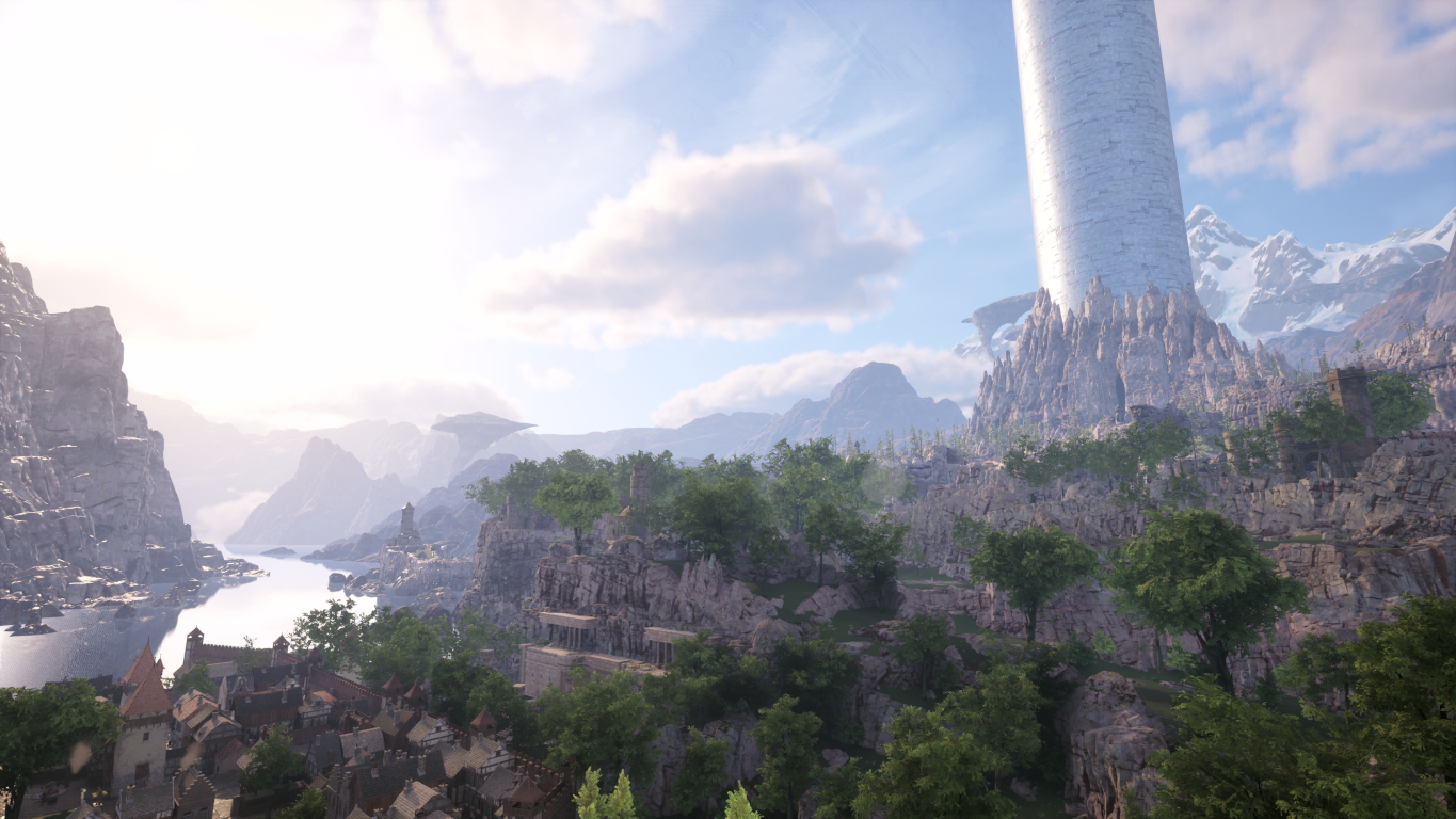 Fantastyczny krajobraz z miastem, rzeką, górami i wysoką wieżą.