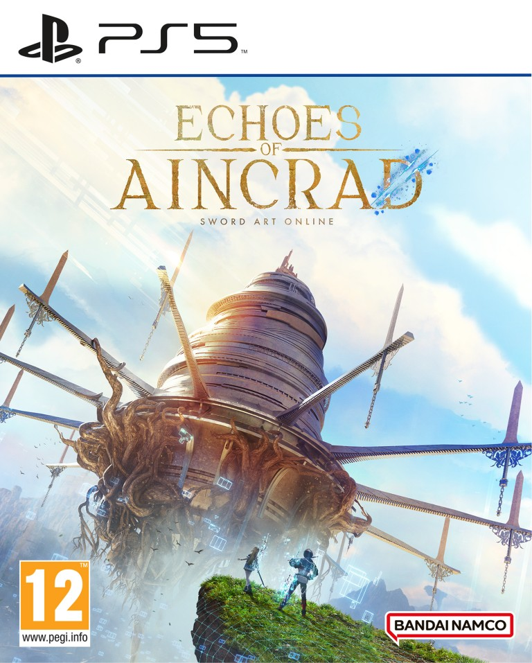 Okładka gry 'Echoes of Aincrad' przedstawia gigantyczną, pływającą strukturę z dwiema postaciami na skalnej półce.