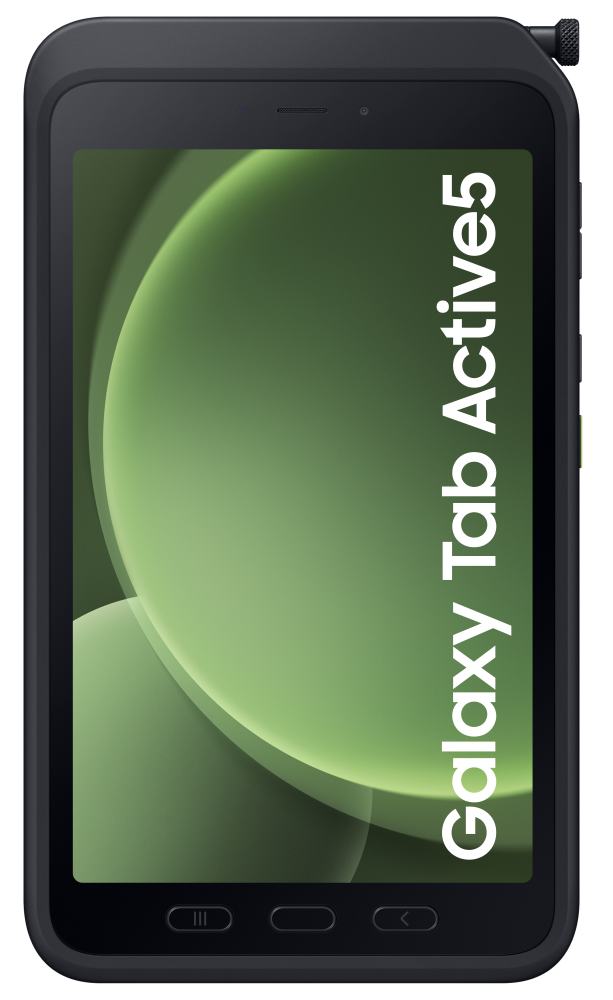 Czarny tablet z zielonym tlem. Tekst: Galaxy Tab Active5.