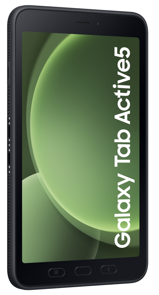 Czarny tablet Samsung Galaxy Tab Active5 z zielonym tłem.