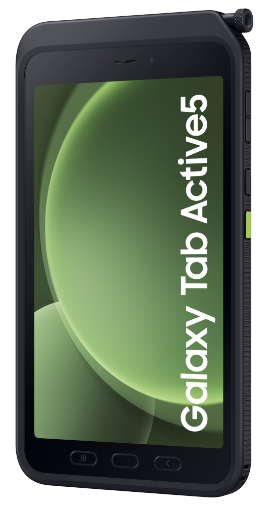 Czarny tablet z zieloną grafiką tła i białym napisem 'Galaxy Tab Active5'.