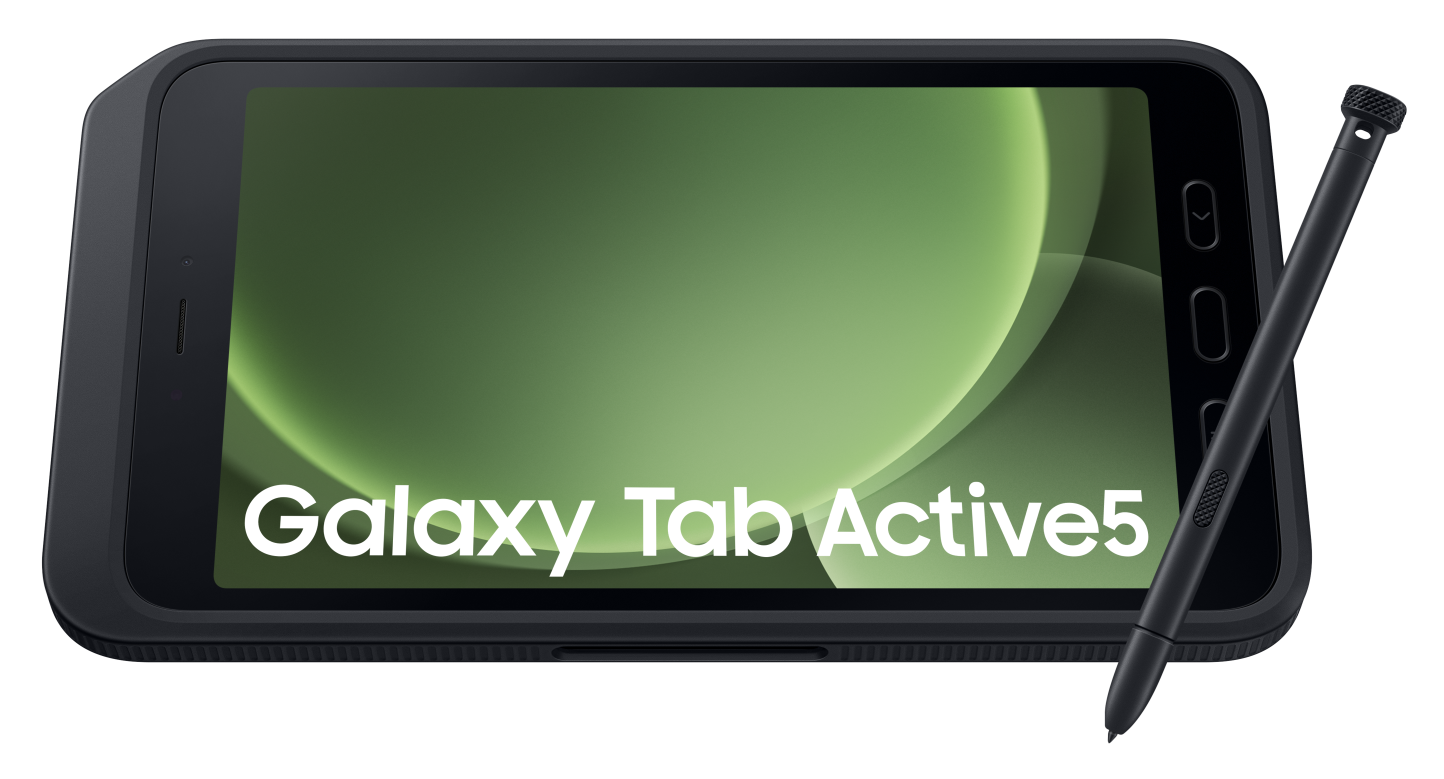 Czarny Galaxy Tab Active5 ze stylusem na zielonym tle.