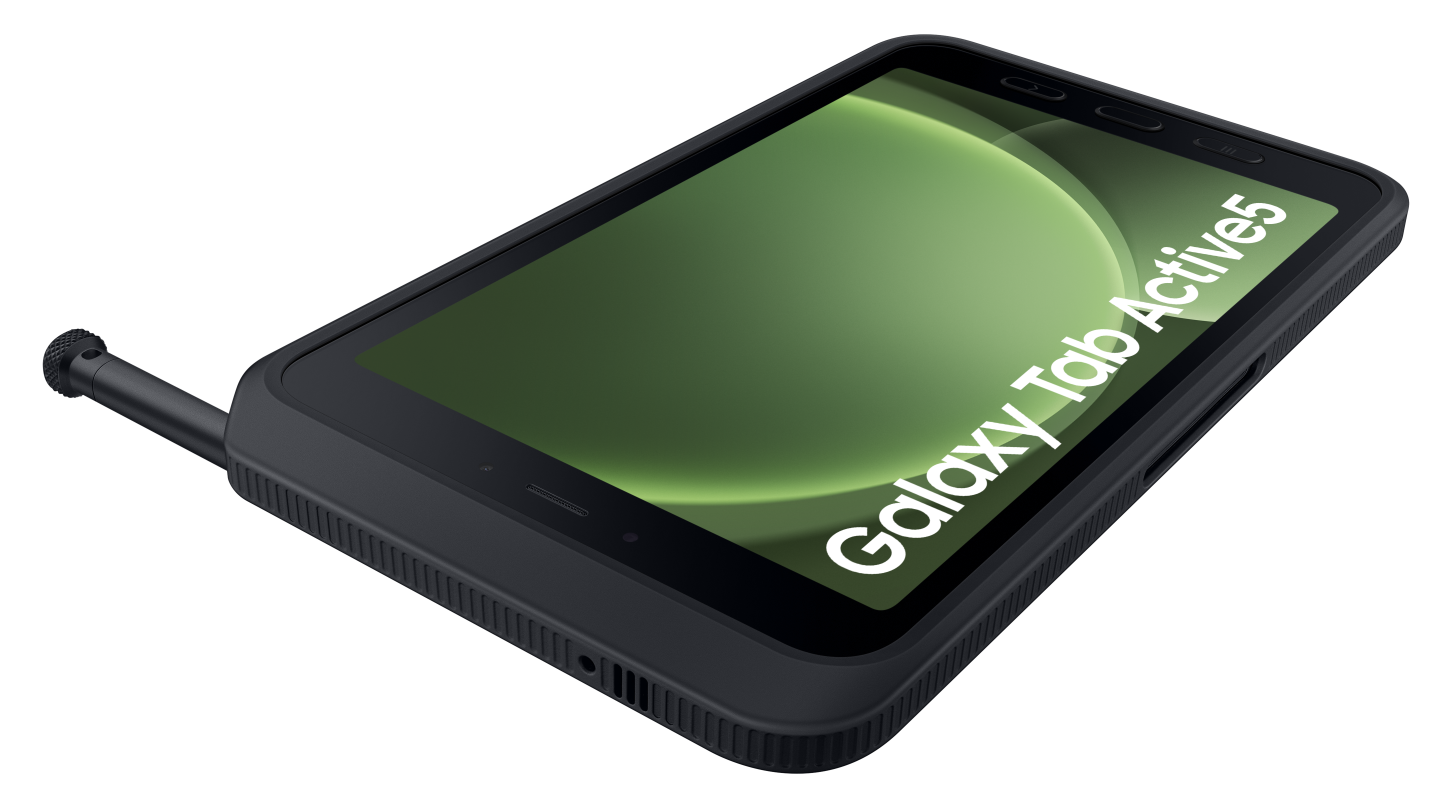 Czarny tablet Samsung Galaxy Tab Active5 ze stylusem na czarnym tle.