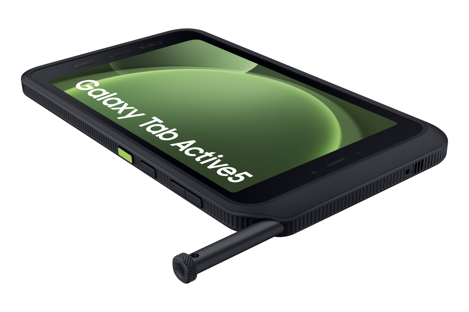 Czarny Galaxy Tab Active5 z włożonym w bok rysikiem.