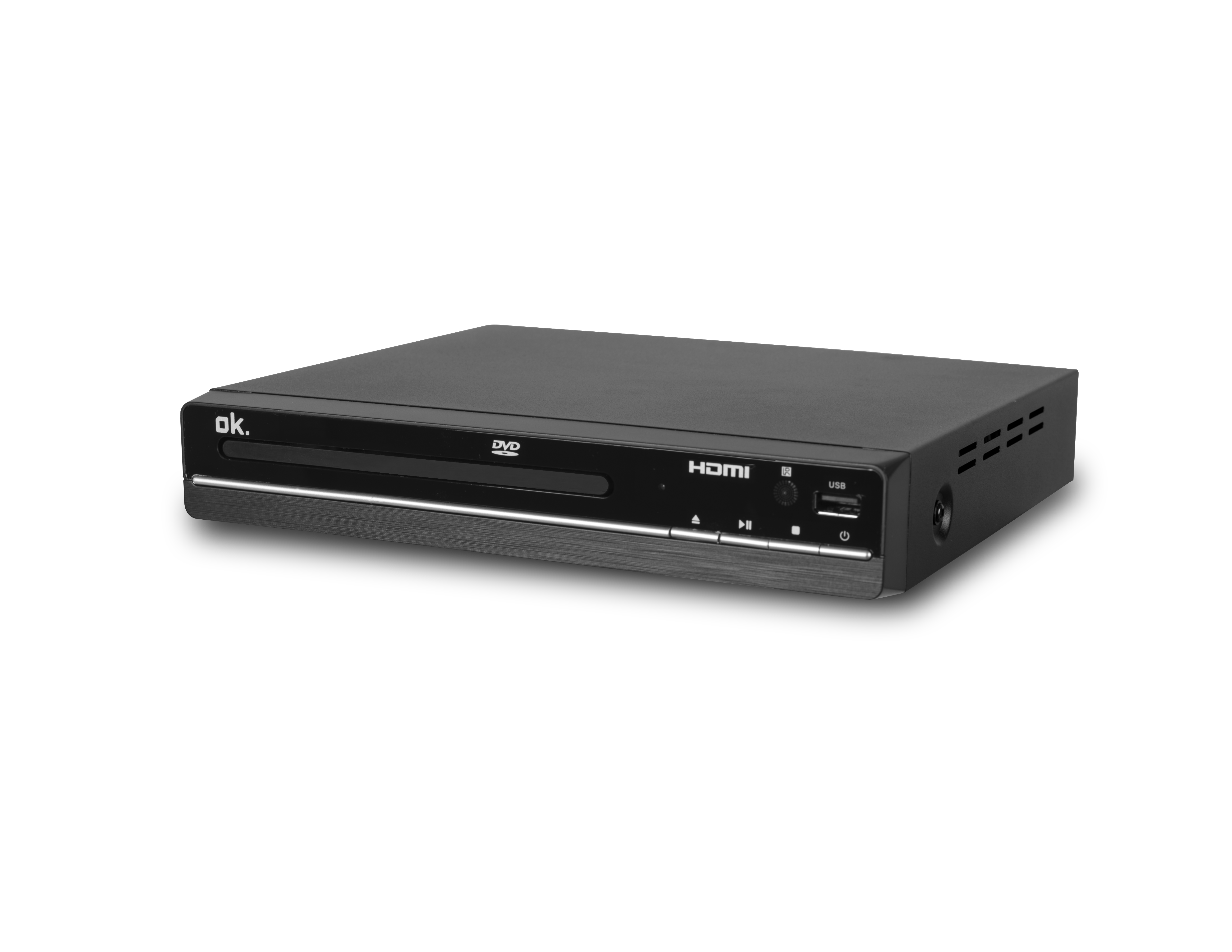 Fekete DVD-lejátszó HDMI és USB portokkal, fekete háttérrel.