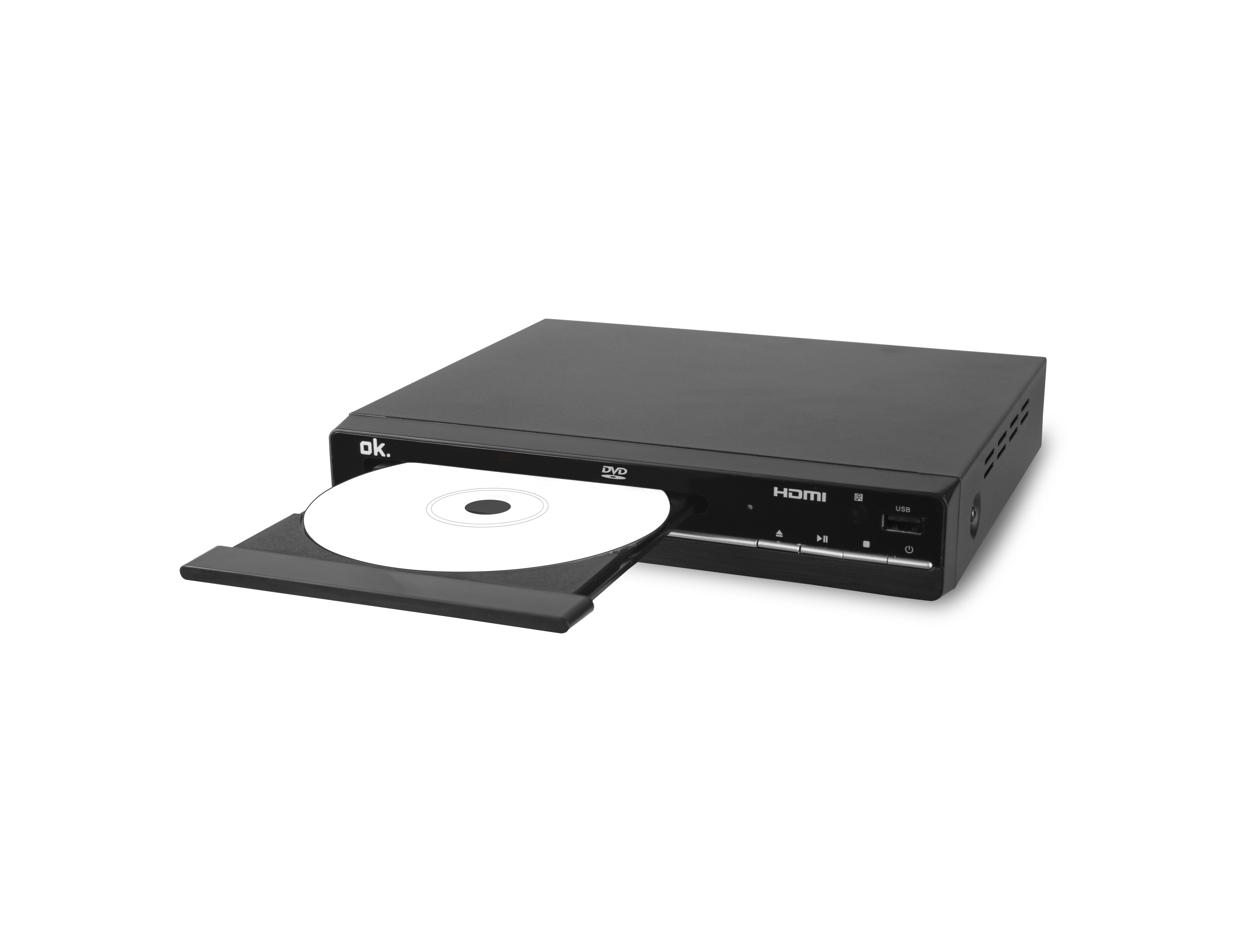 Fekete DVD-lejátszó nyitott tálcával és benne ezüst koronggal.