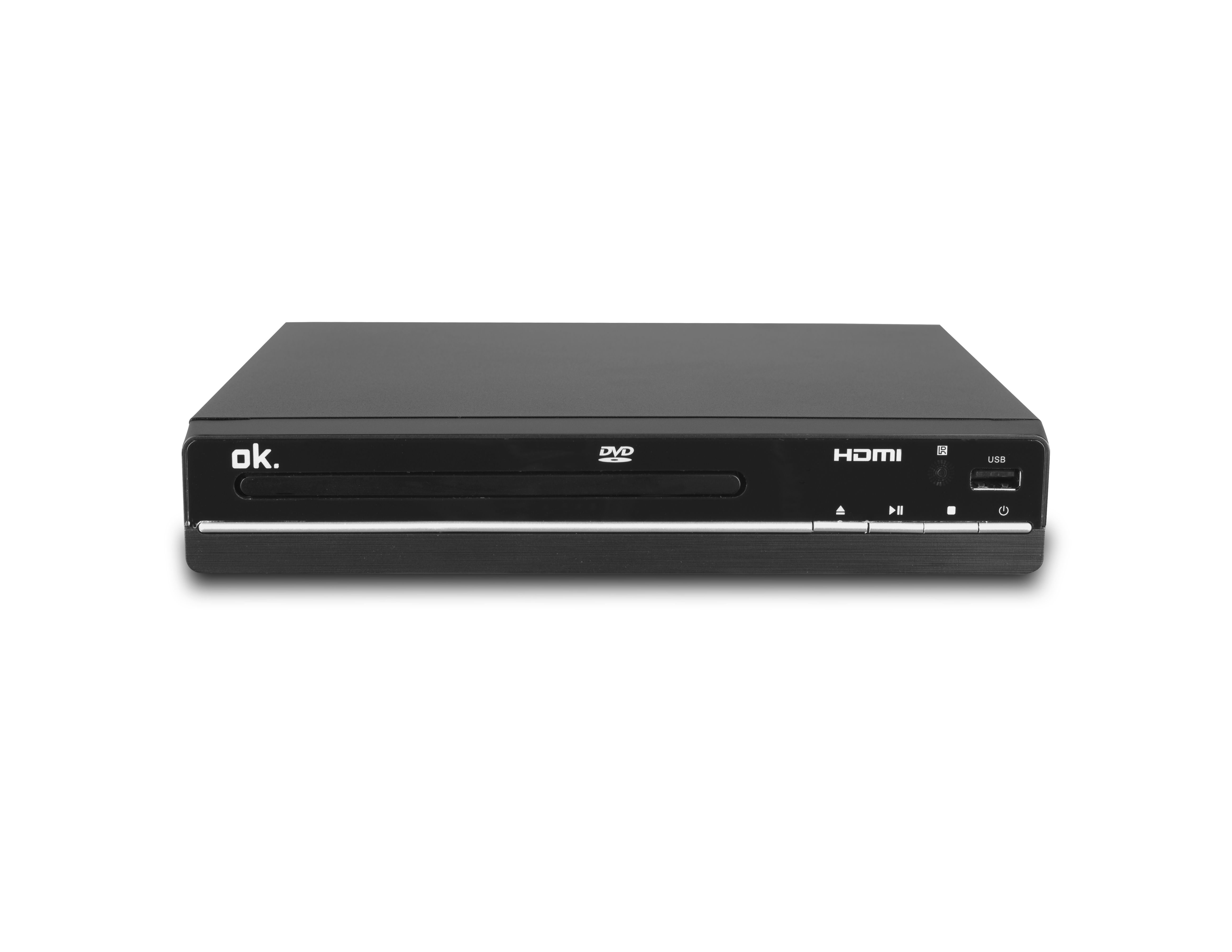 Egy fekete DVD-lejátszó „ok.“ logóval és HDMI és USB portokkal.