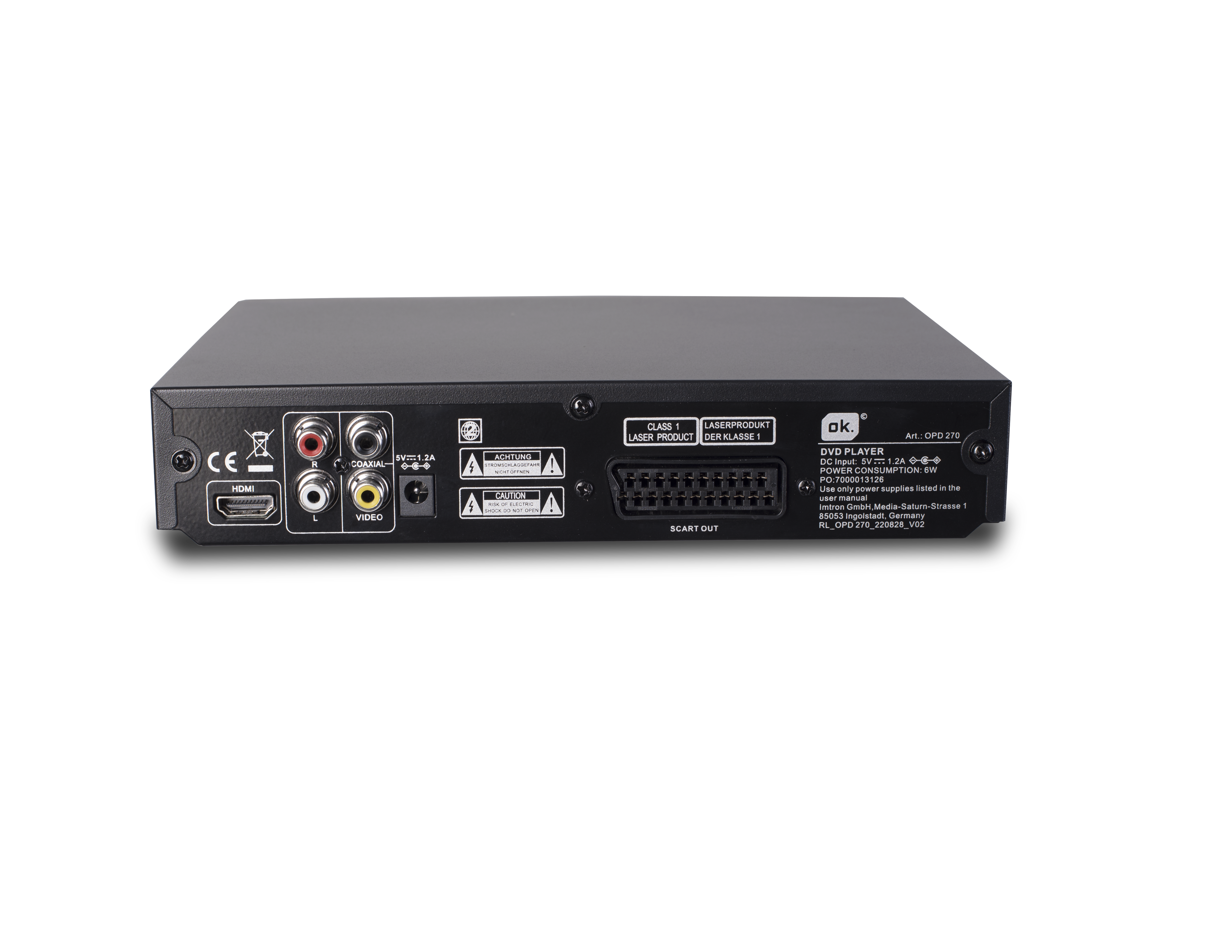 Fekete DVD-lejátszó hátulja HDMI, SCART és Video csatlakozókkal.