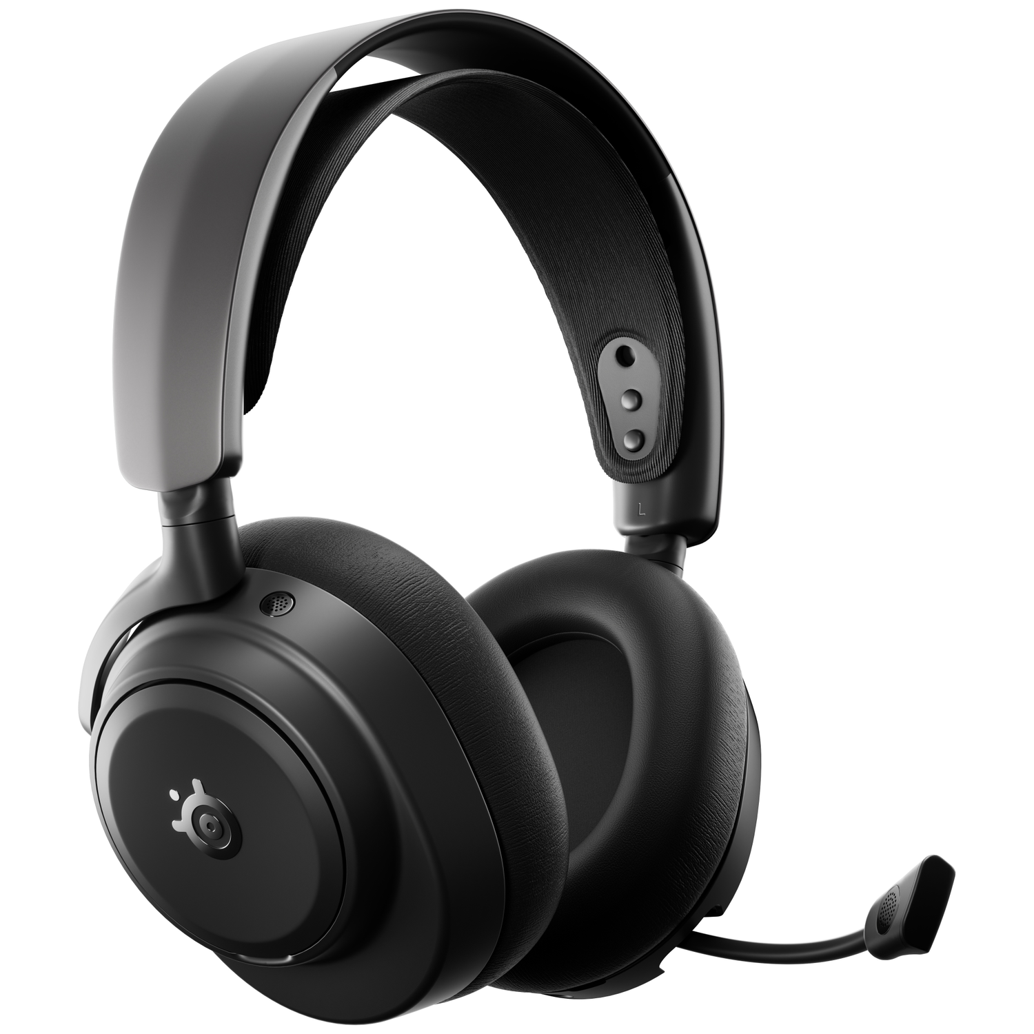 Black over-ear headphones with a microphone and a padded headband.