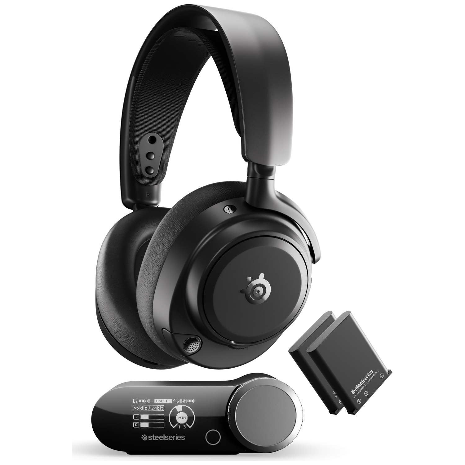 Black SteelSeries headphones, control unit, and two batteries on white background.