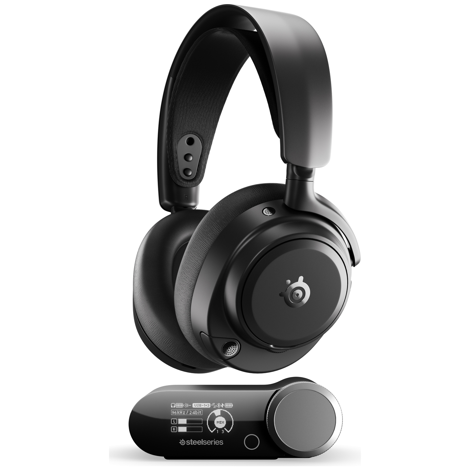 Black over-ear headphones with a transmitter base on a white background.