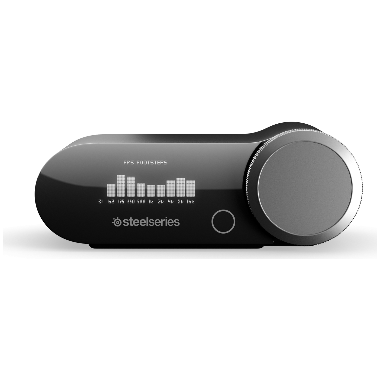 Black audio controller with a dial and EQ display.