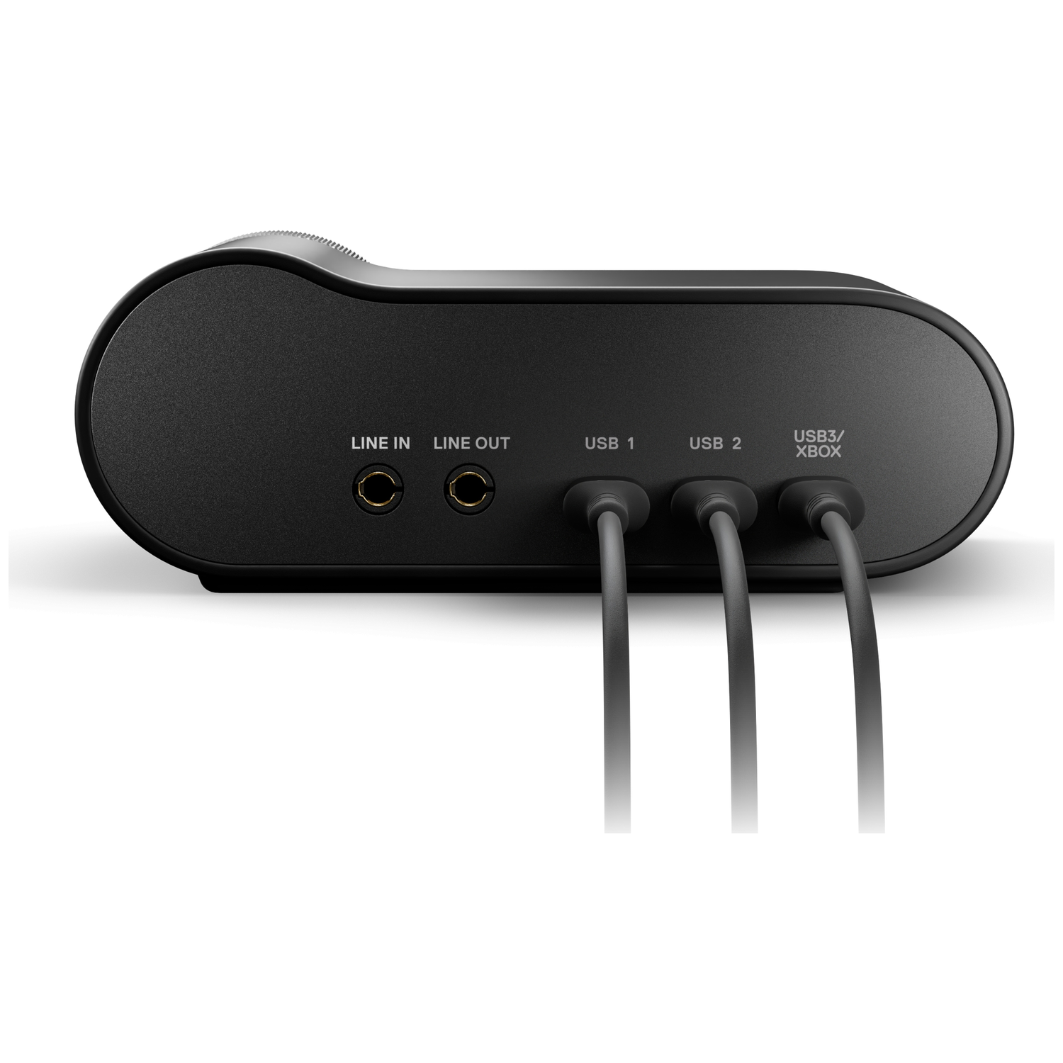 Black audio device with ports: Line In, Line Out, USB 1, USB 2, USB3/Xbox.
