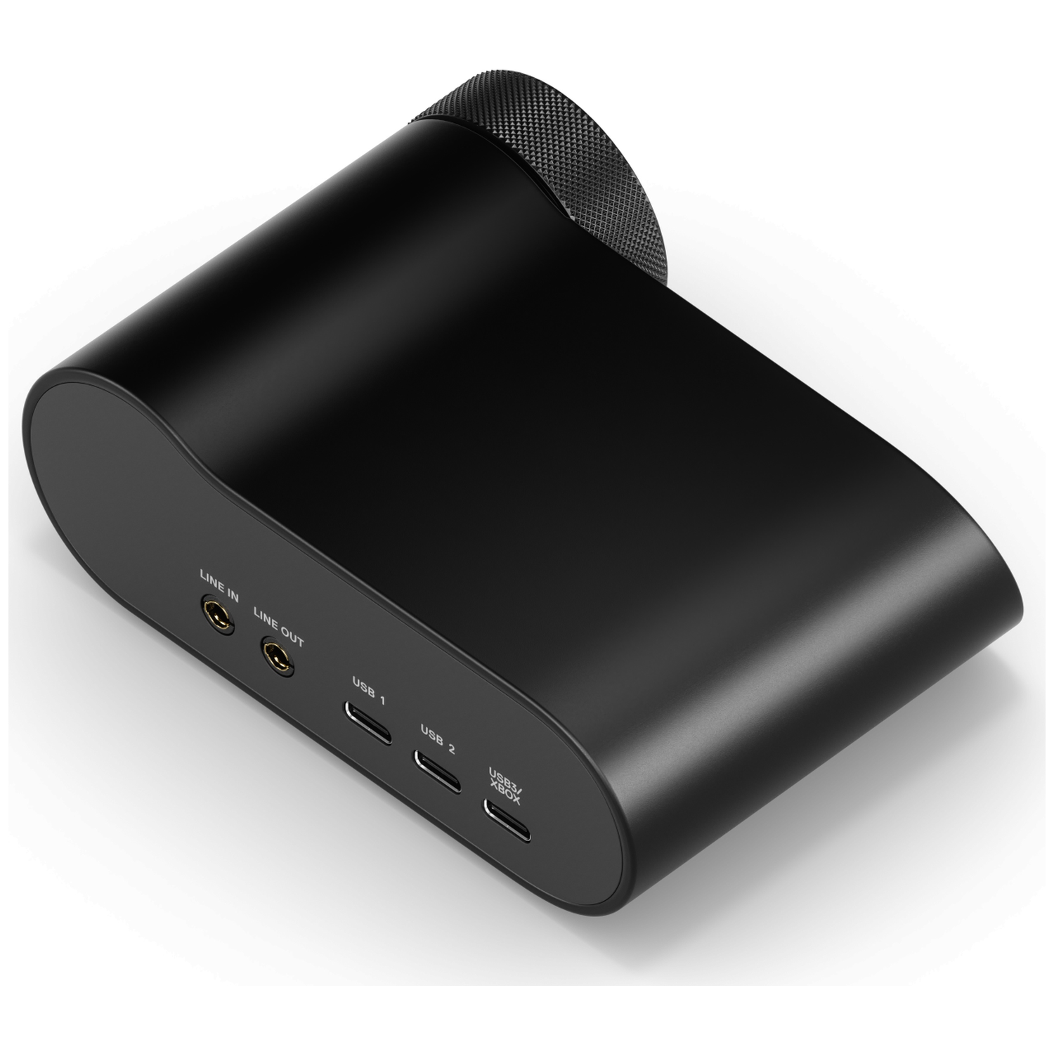 Black audio device with Line In, Line Out, USB 1, USB 2, USB3/XBOX ports.