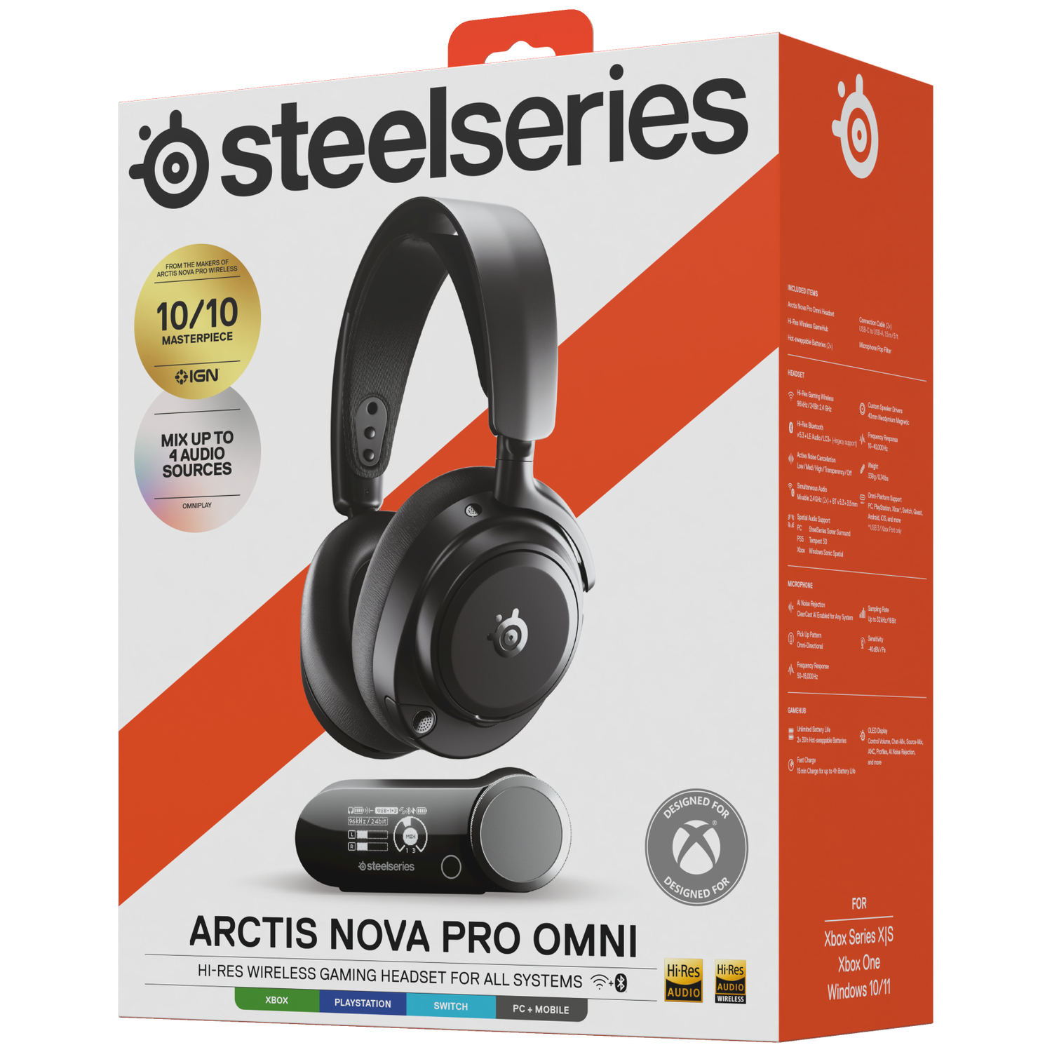 SteelSeries Arctis Nova Pro Omni gaming headset box with headset and GameHub.
