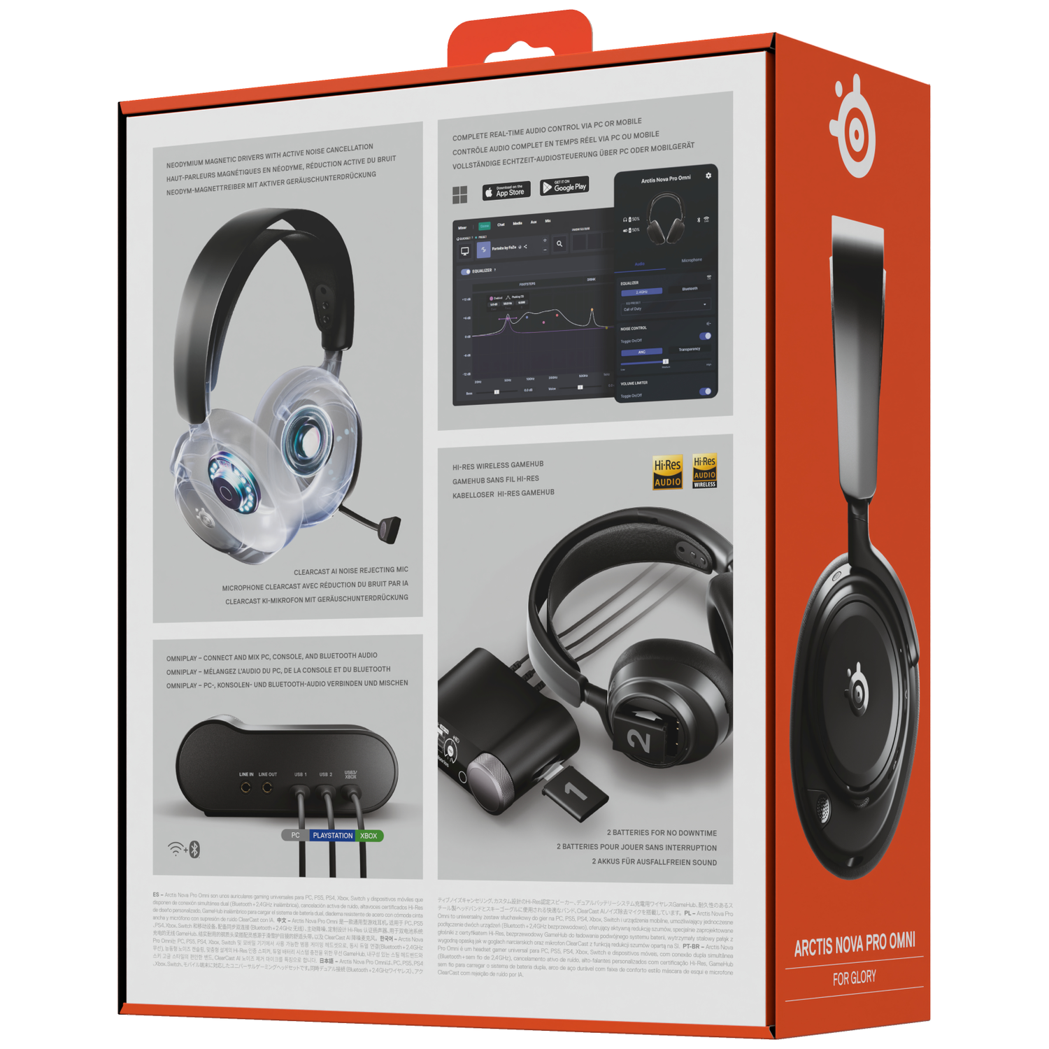 SteelSeries Arctis Nova Pro Omni headset packaging with product images.