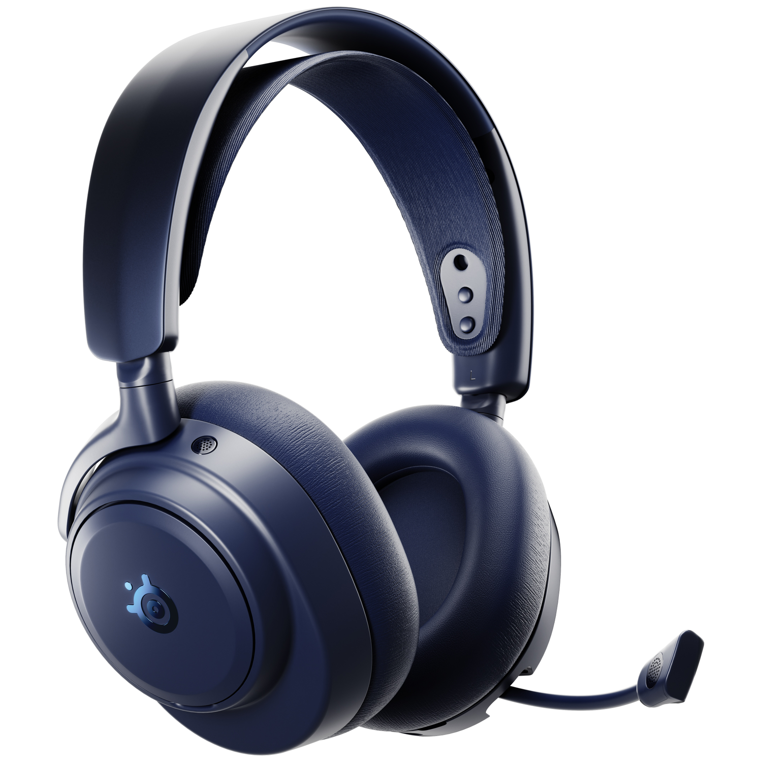 Dark blue headphones with a microphone and a blue logo on a white background.