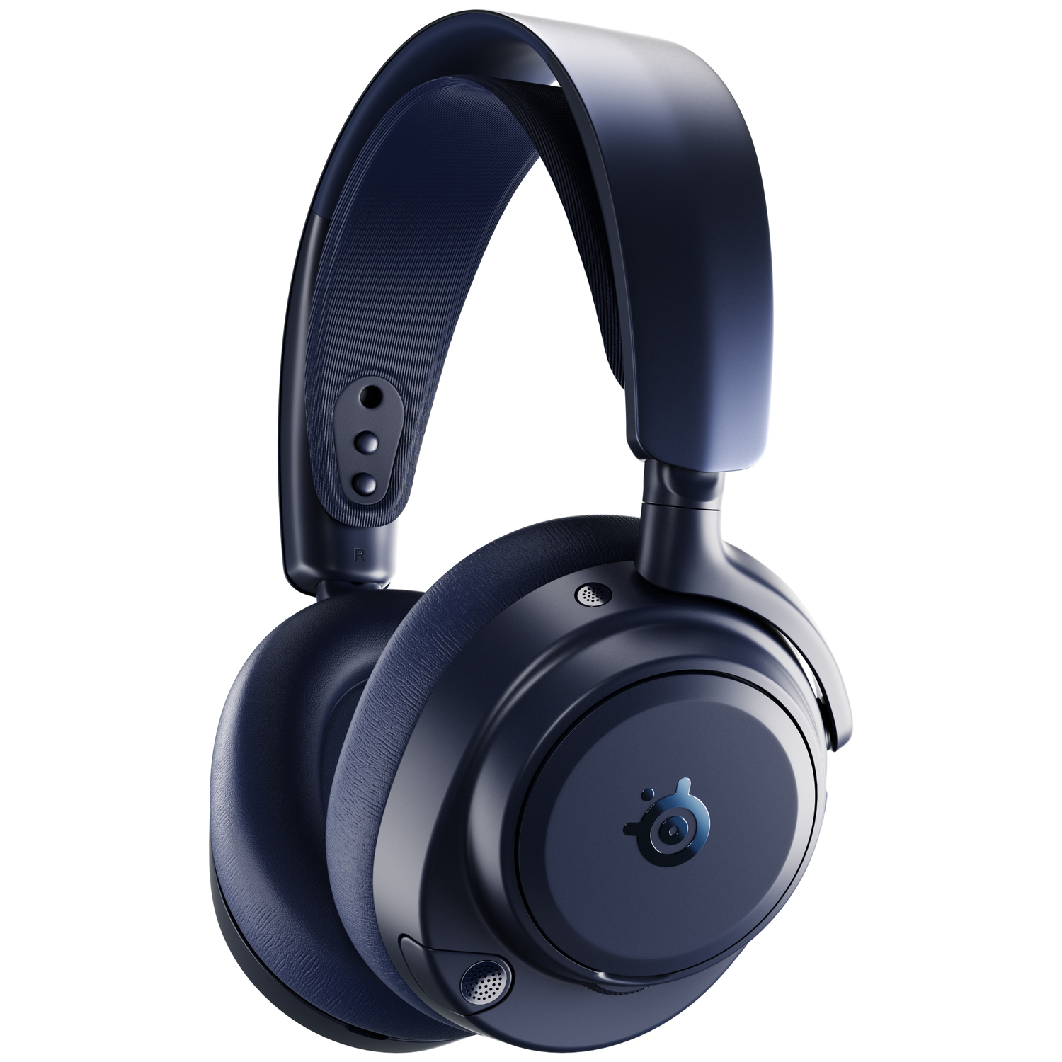 Dark blue headphones with a SteelSeries logo on the right earcup.