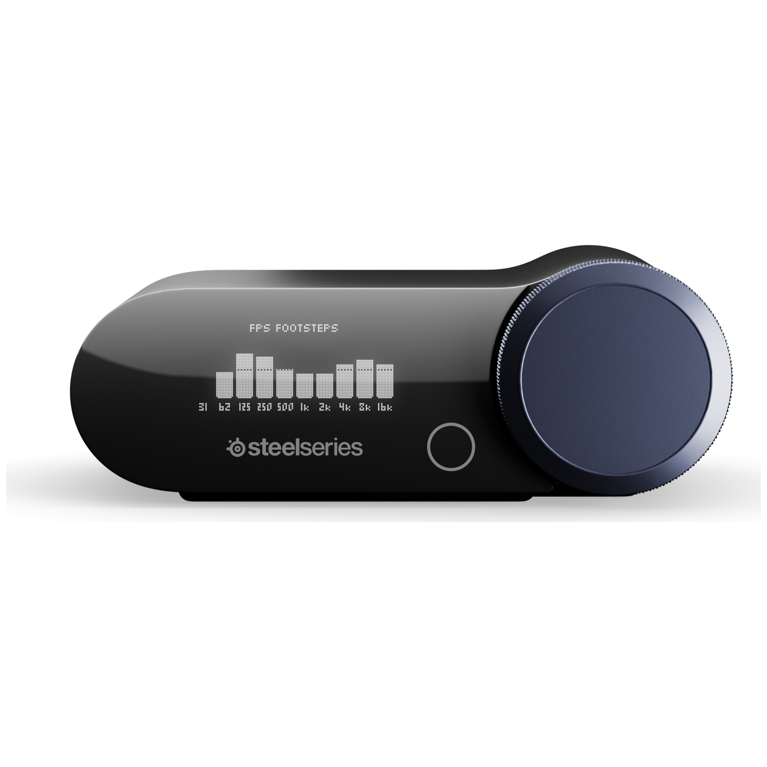 A black SteelSeries audio controller with EQ bars and a dial.