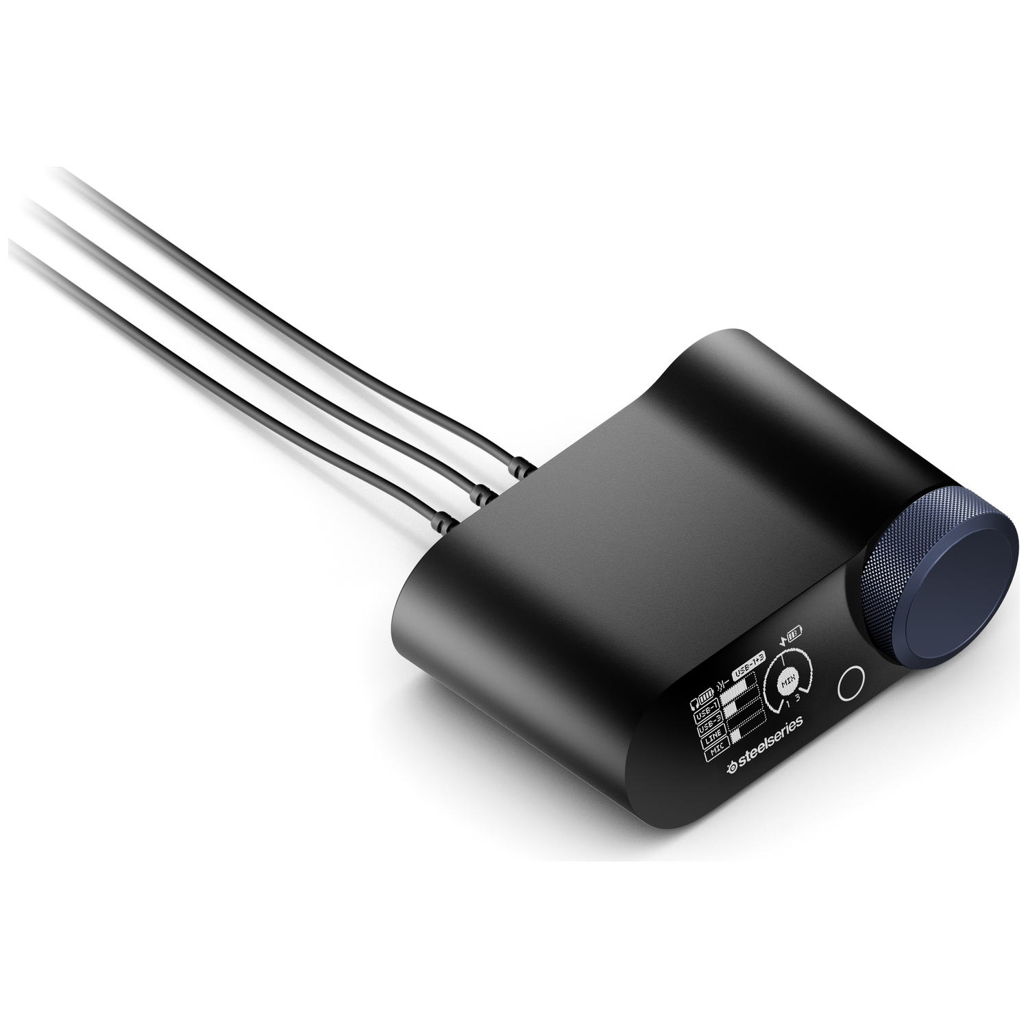 Black SteelSeries audio interface with a dial and digital displays.