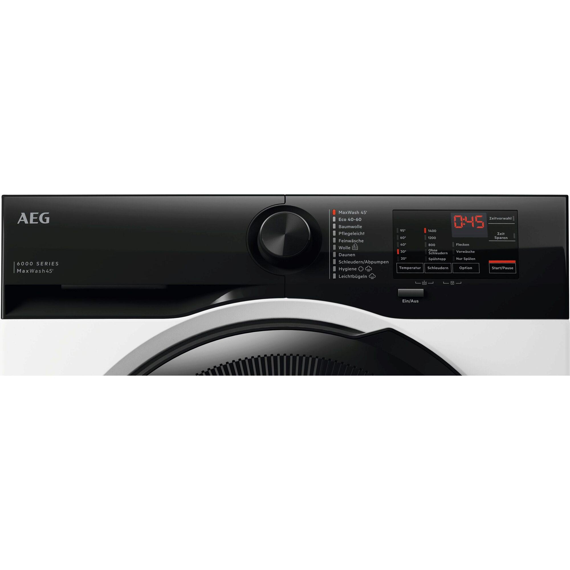 AEG Waschmaschine mit Bedienfeld. Zeigt Programme wie MaxWash 45', Eco 40-60, Baumwolle, Pflegeleicht, Feinwäsche, Wolle, Daunen, Hygiene und Leichtbügeln.