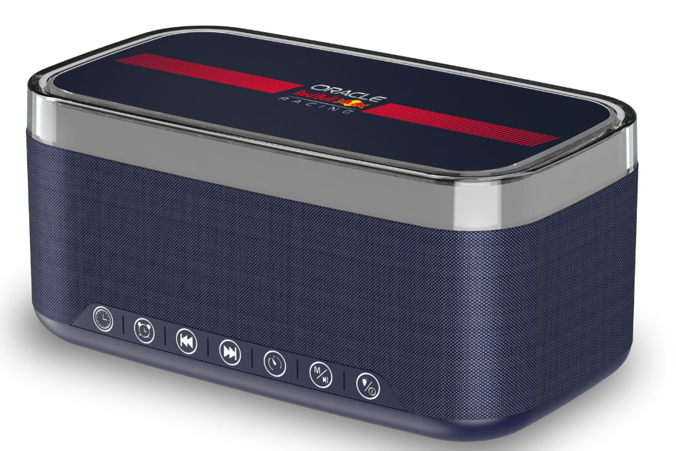 Ein dunkelblauer Lautsprecher mit Oracle Red Bull Racing Logo auf der Oberseite.