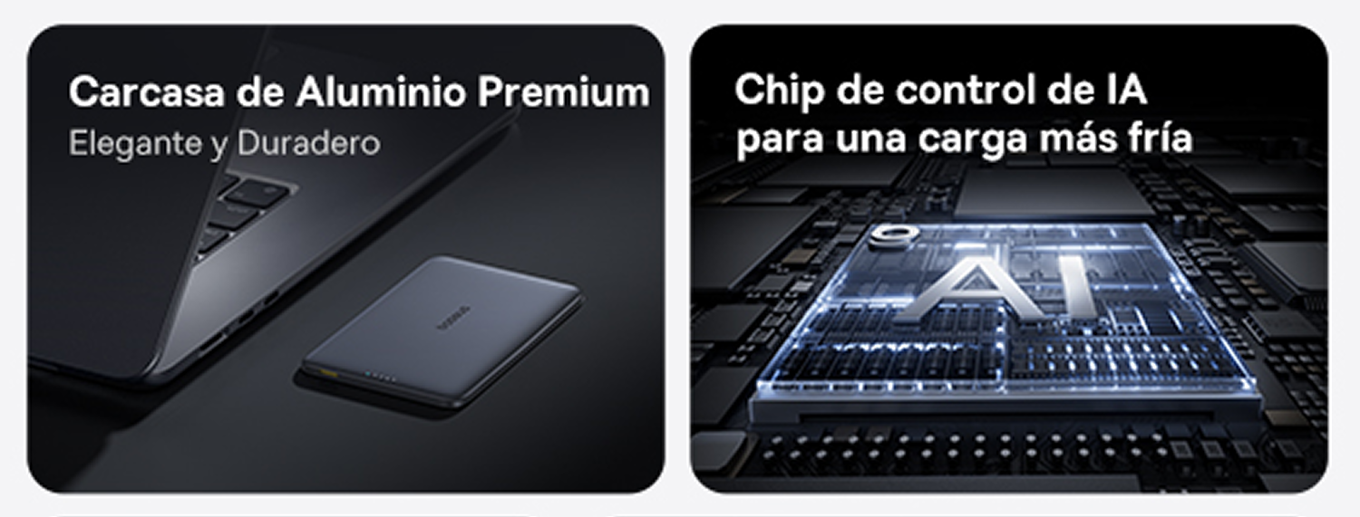 Carcasa de aluminio premium elegante y duradero. Chip de control de IA para una carga más fría