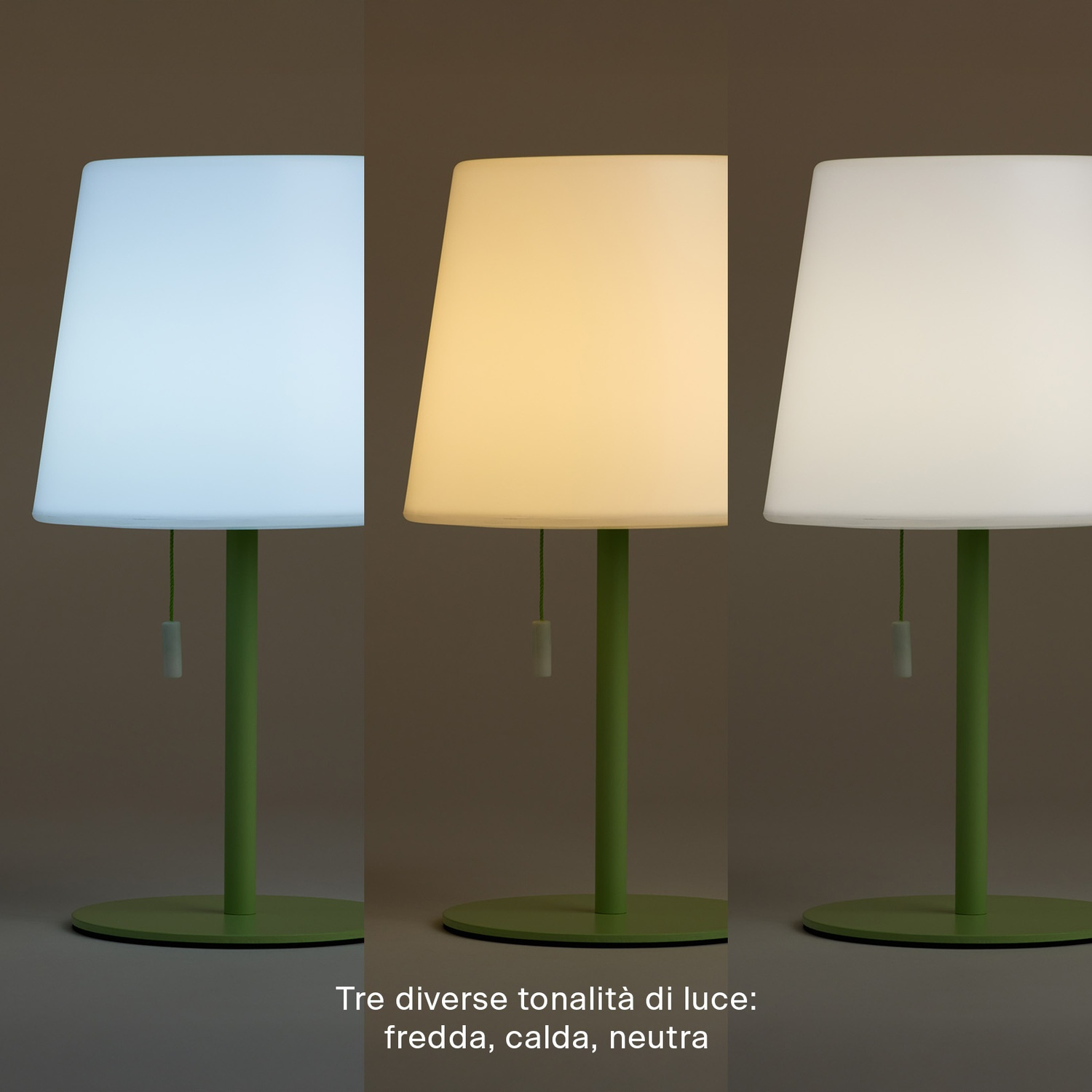 Tre lampade mostrano luce fredda, calda e neutra su basi verdi.