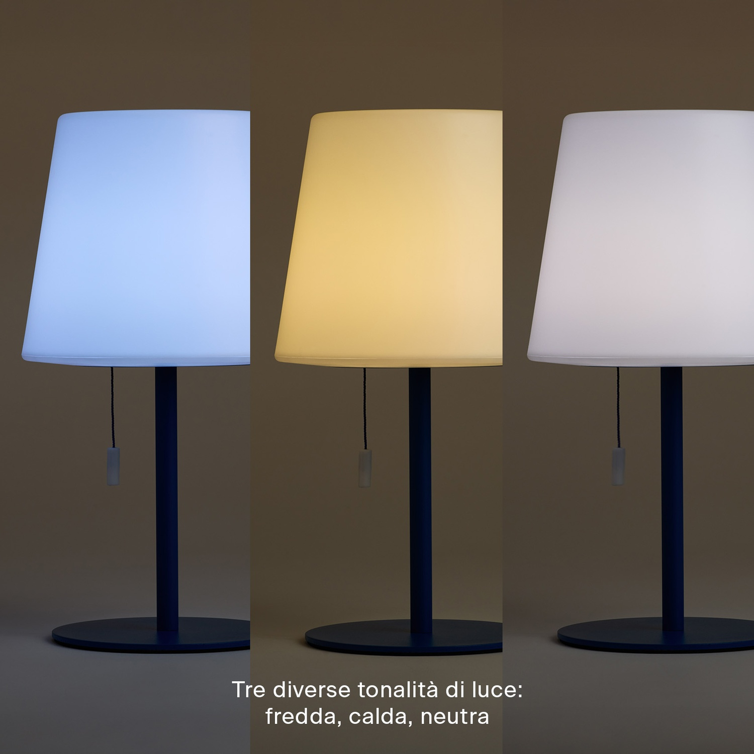 Tre lampade mostrano diverse tonalità di luce: blu, gialla e bianca.
