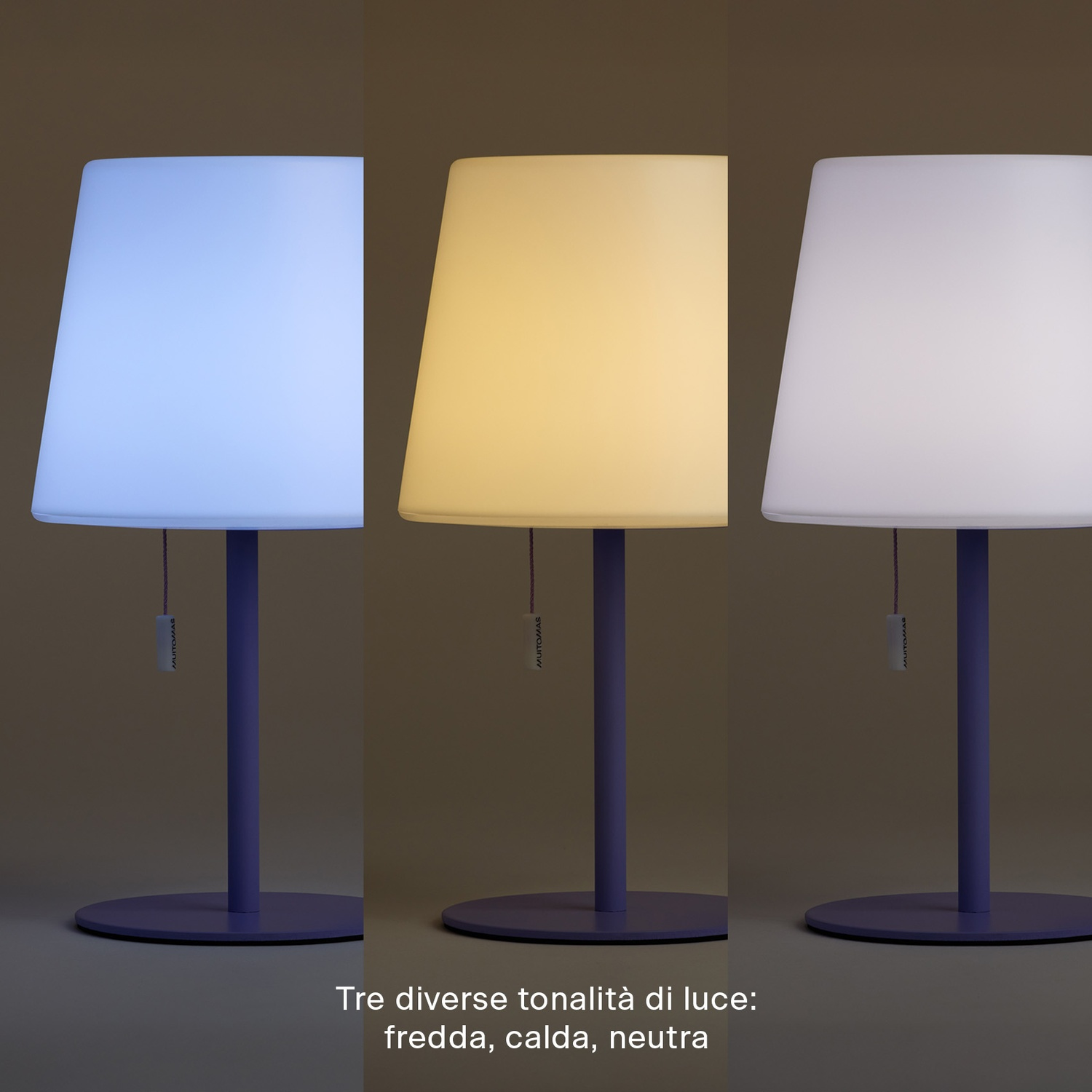 Tre lampade da tavolo con luce fredda blu, calda gialla e neutra bianca.