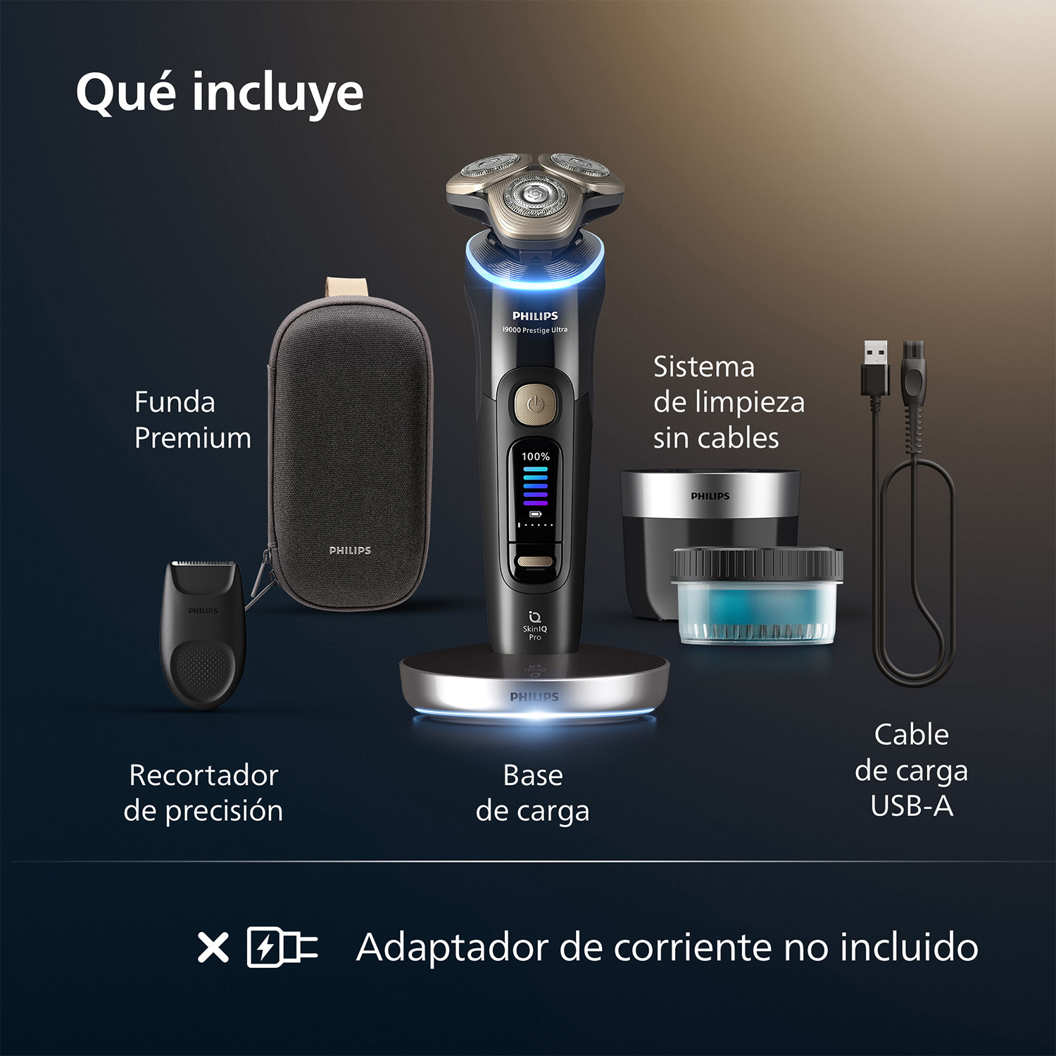 Afeitadora Philips con accesorios: base de carga, cable USB, estación de limpieza, recortador.
