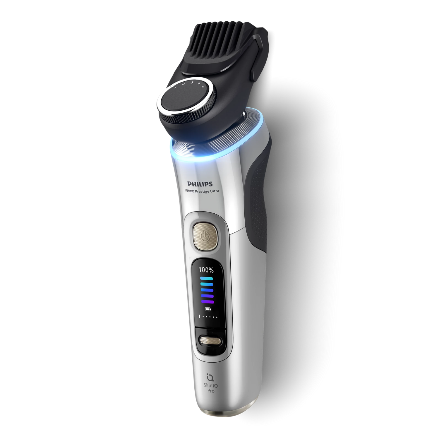 Afeitadora Philips plateada con recortador negro y luz azul.