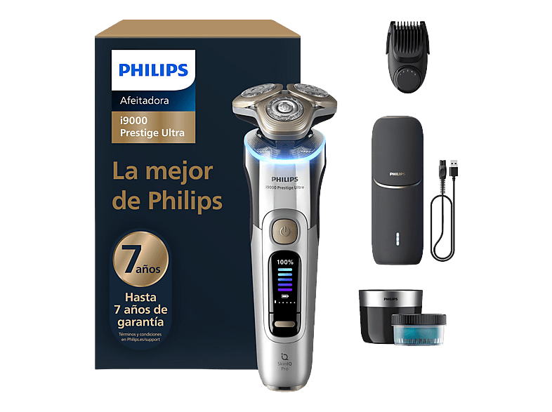 Afeitadora - Philips i9000 Prestige Ultra XP9404/46, SkinIQ Pro, Levanta y Corta, 5 modos, 60 min, Moldeador Barba, Cargador UV, 7 años, Plateado