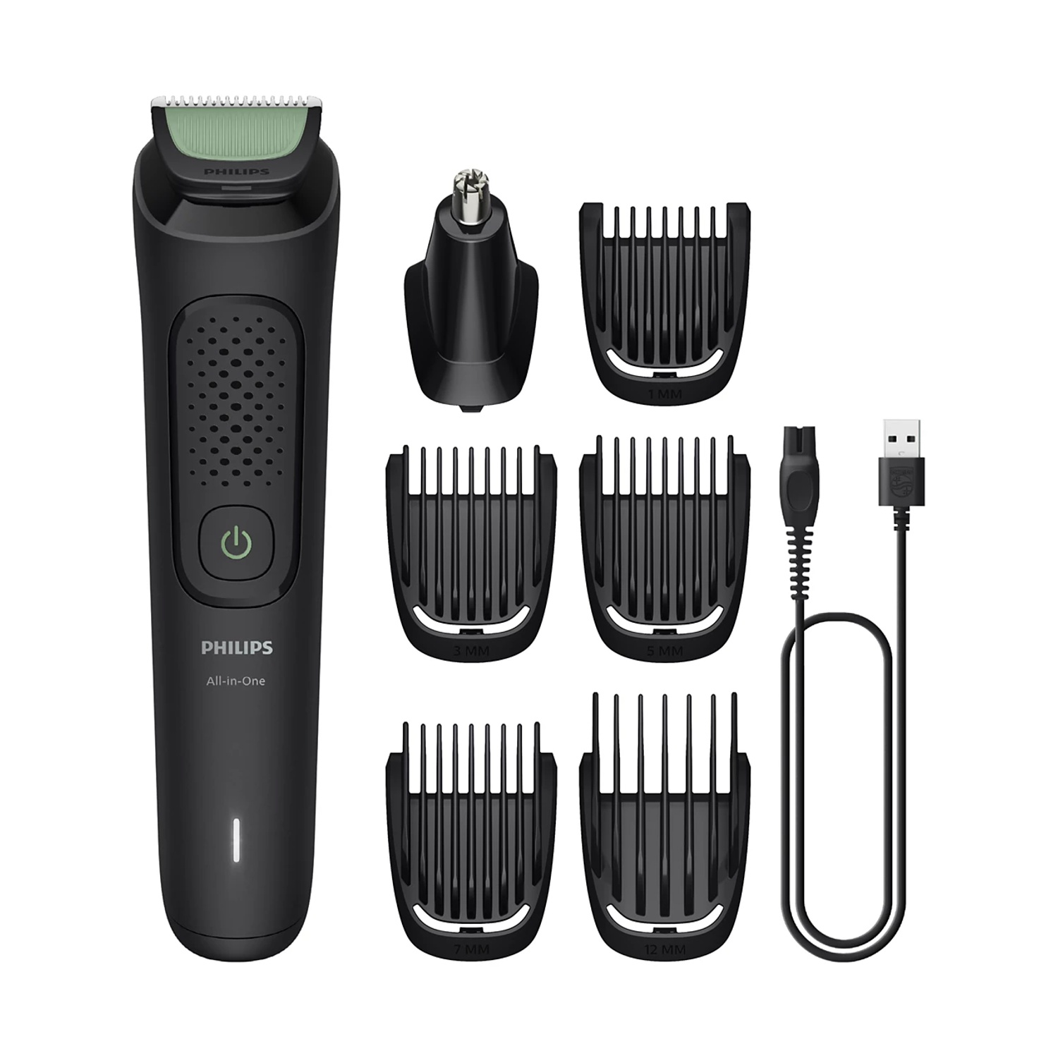 Un rifinitore Philips All-in-One nero con accessori e cavo di ricarica.