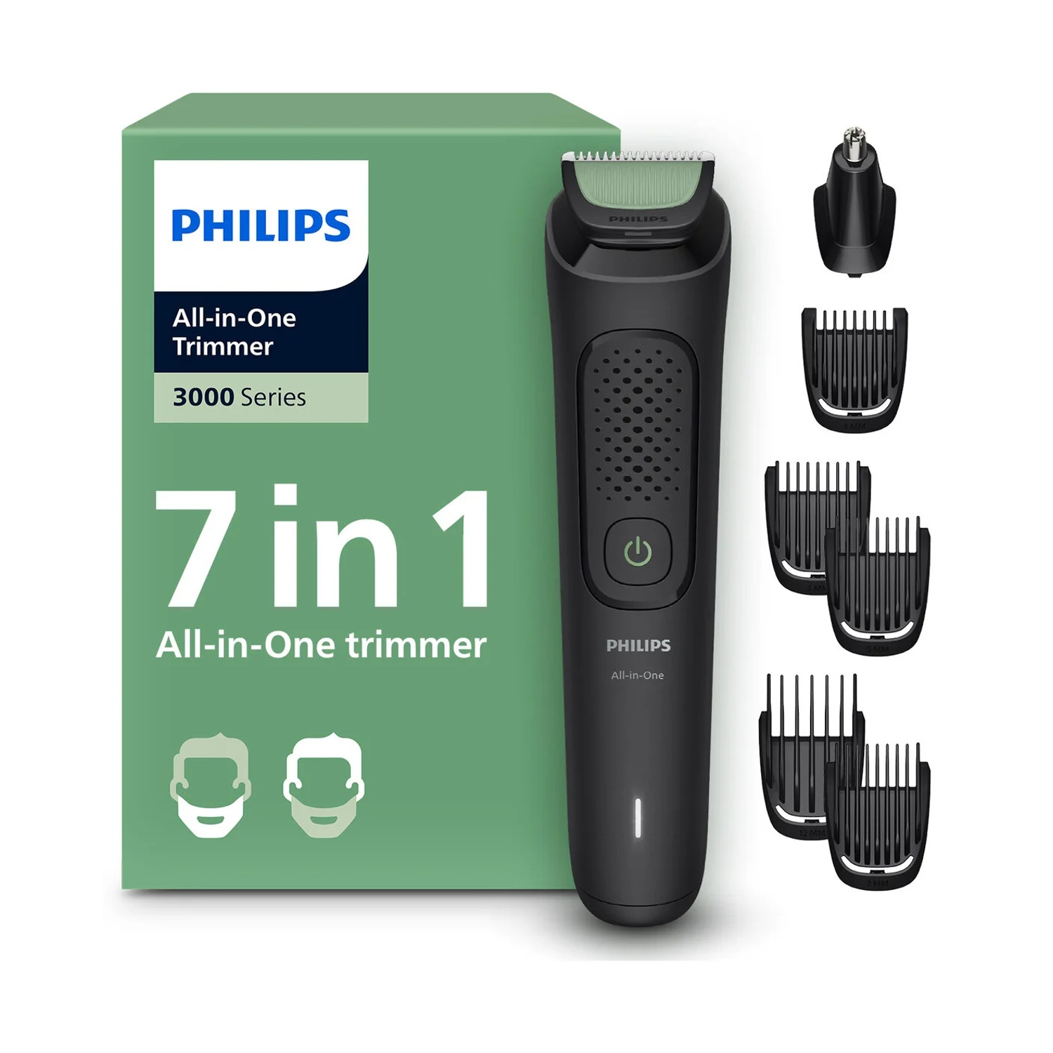 Philips Rifinitore Tutto in Uno 7 in 1 Serie 3000 con accessori su sfondo bianco.