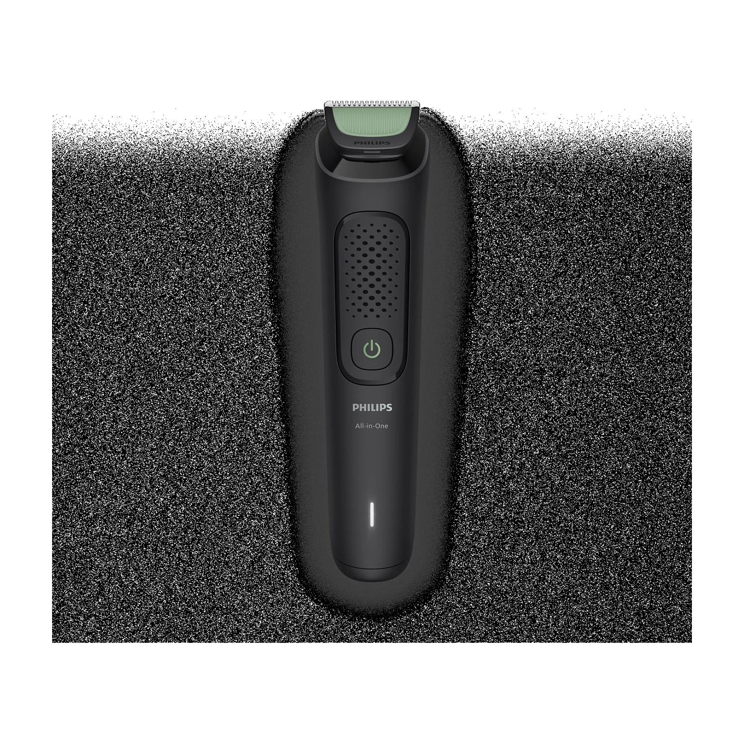 Un rifinitore Philips All-in-One nero con testina di rasatura verde e indicatore.