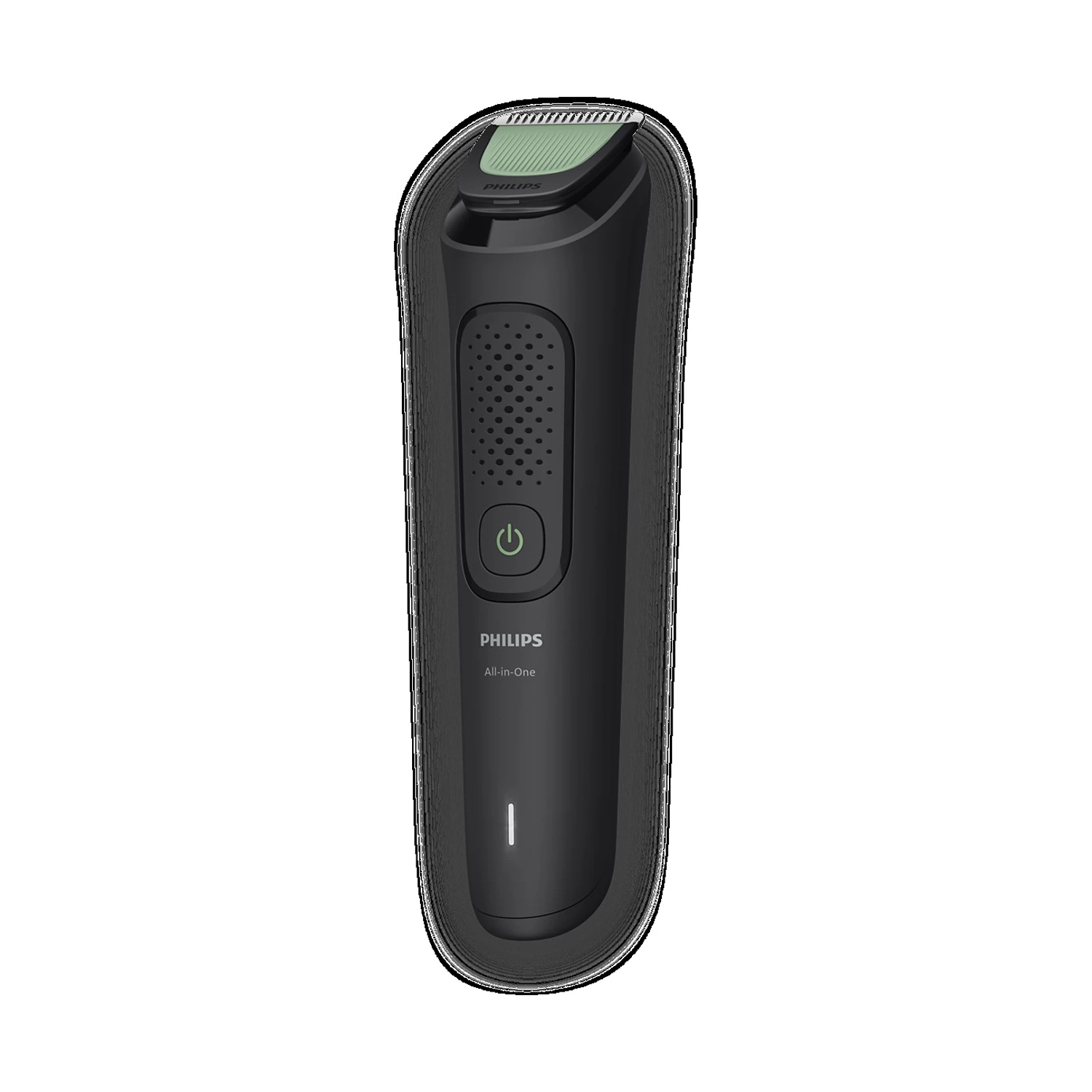 Regolabarba Philips nero con lame verdi e pulsante di accensione.