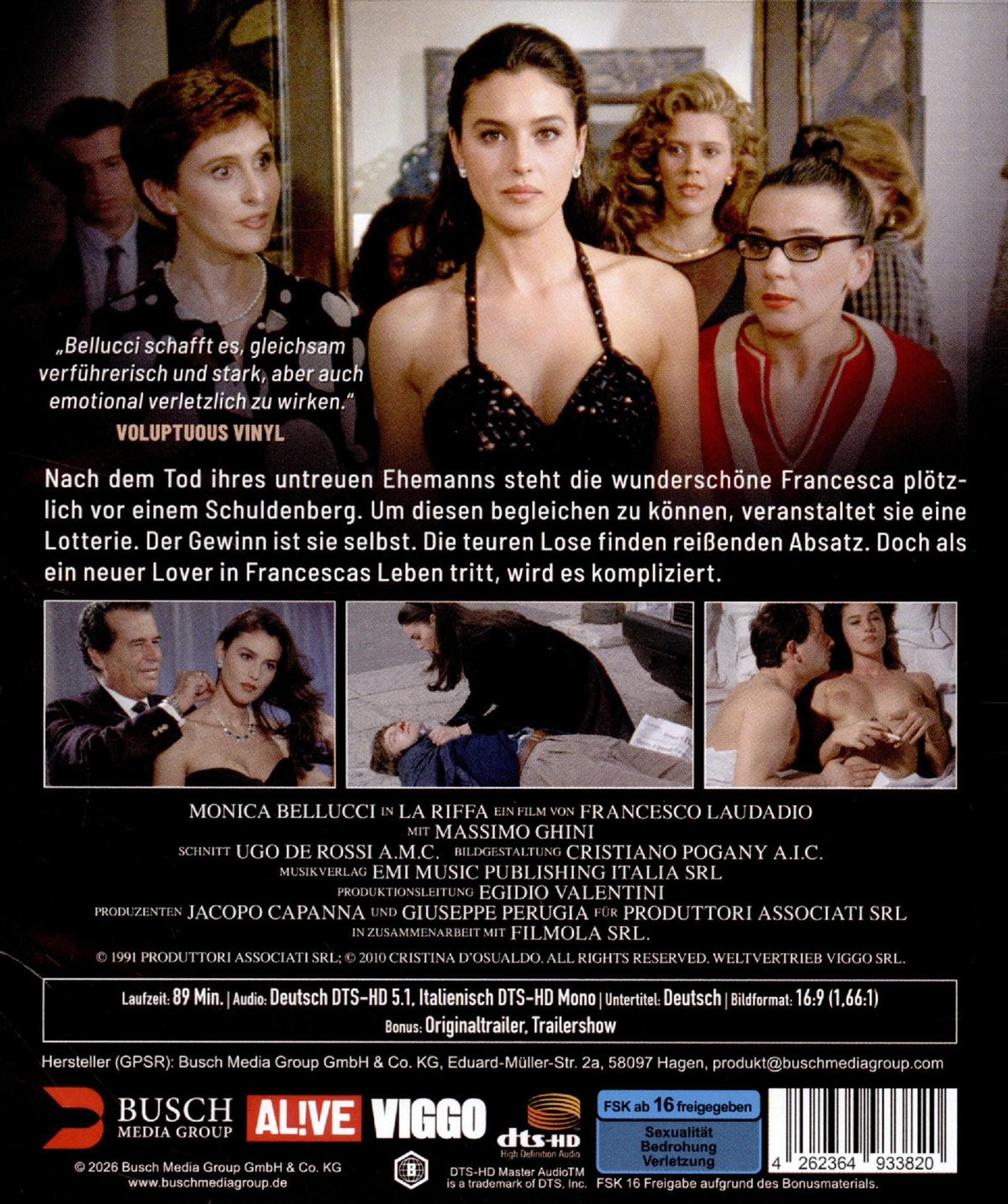 Eine Filmrückseite mit Monica Bellucci und anderen Frauen, Filmtext und Logos.