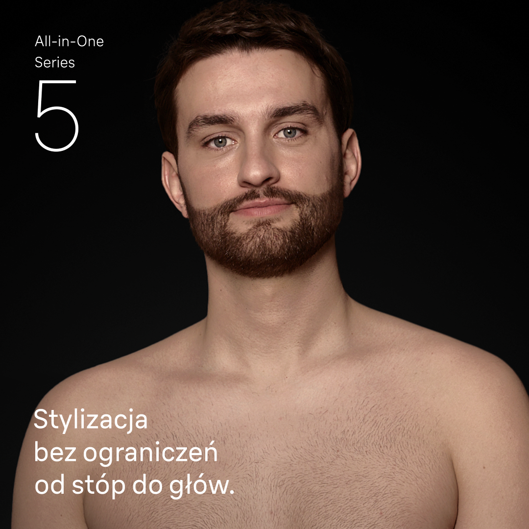 Mężczyzna z brodą, czarne tło, tekst 'All-in-One Series 5'