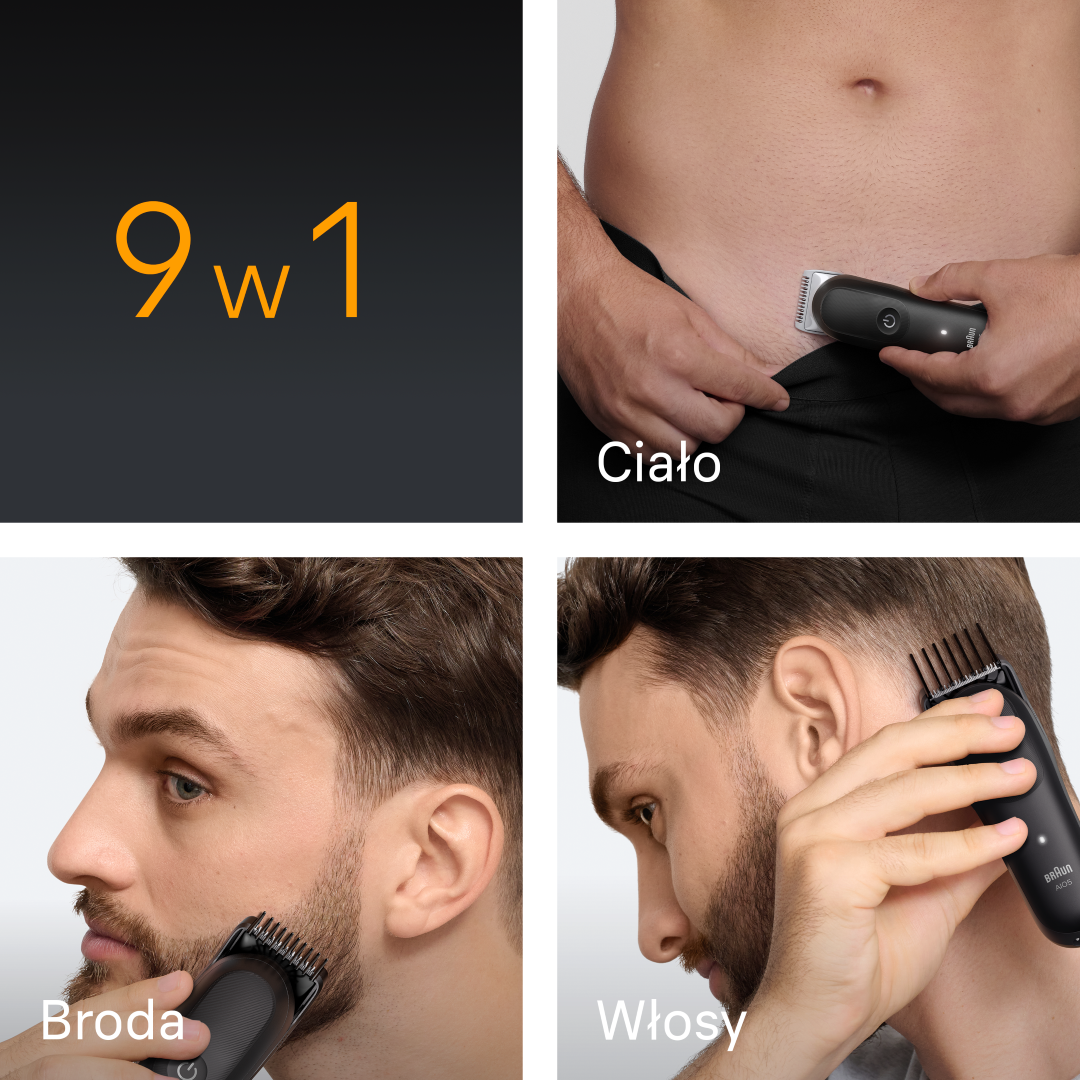 Cztery obrazy pokazują trymer: tekst "9w1", pielęgnacja ciała, brody i włosów.