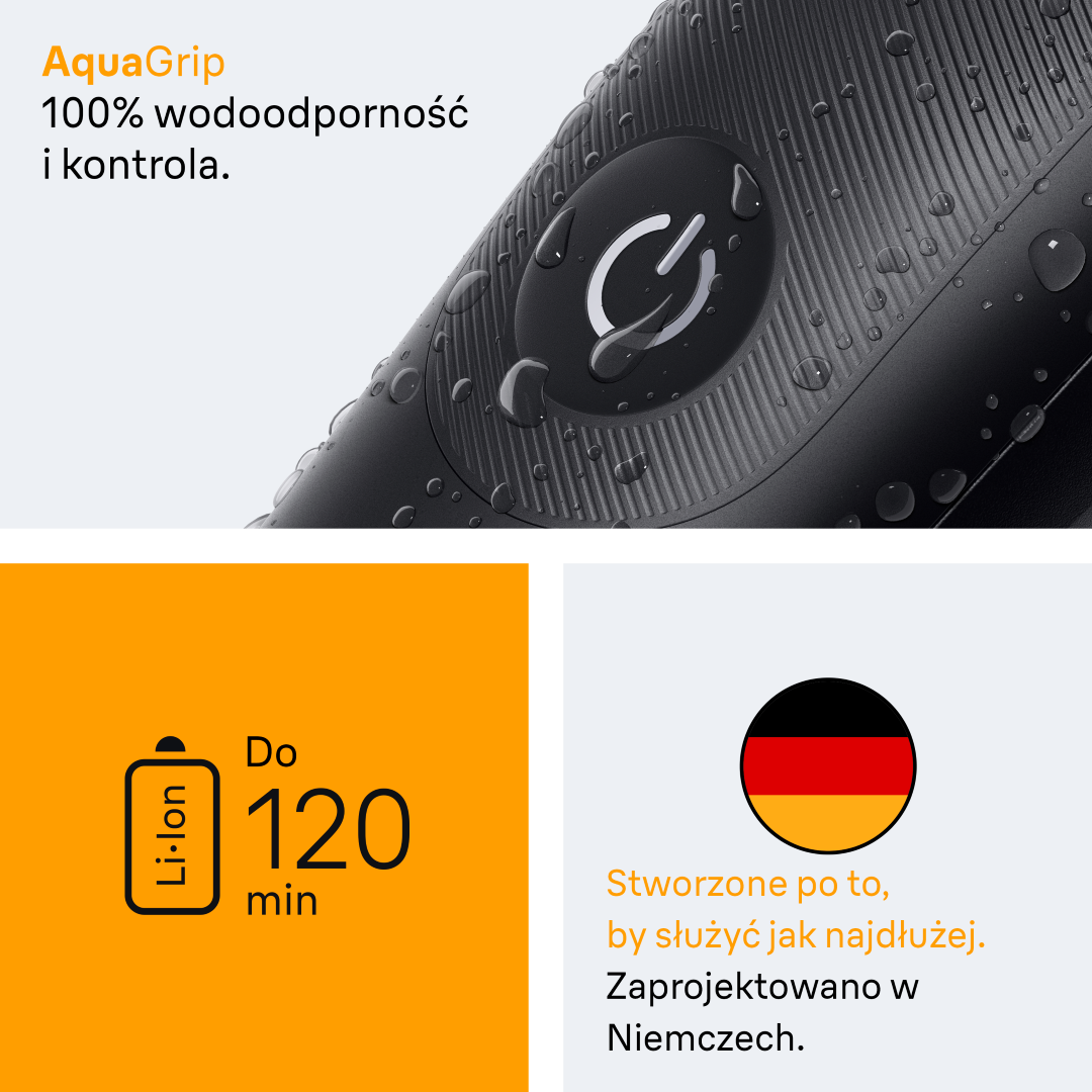 Zbliżenie czarnego urządzenia z kroplami wody i symbolem zasilania. Ikona baterii.