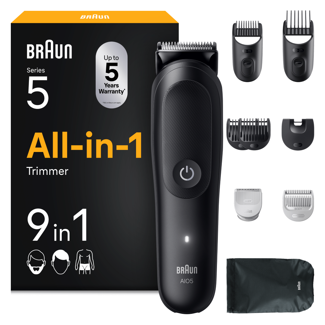 Trymer Braun Seria 5 All-in-1 z wieloma nasadkami i etui do przechowywania.