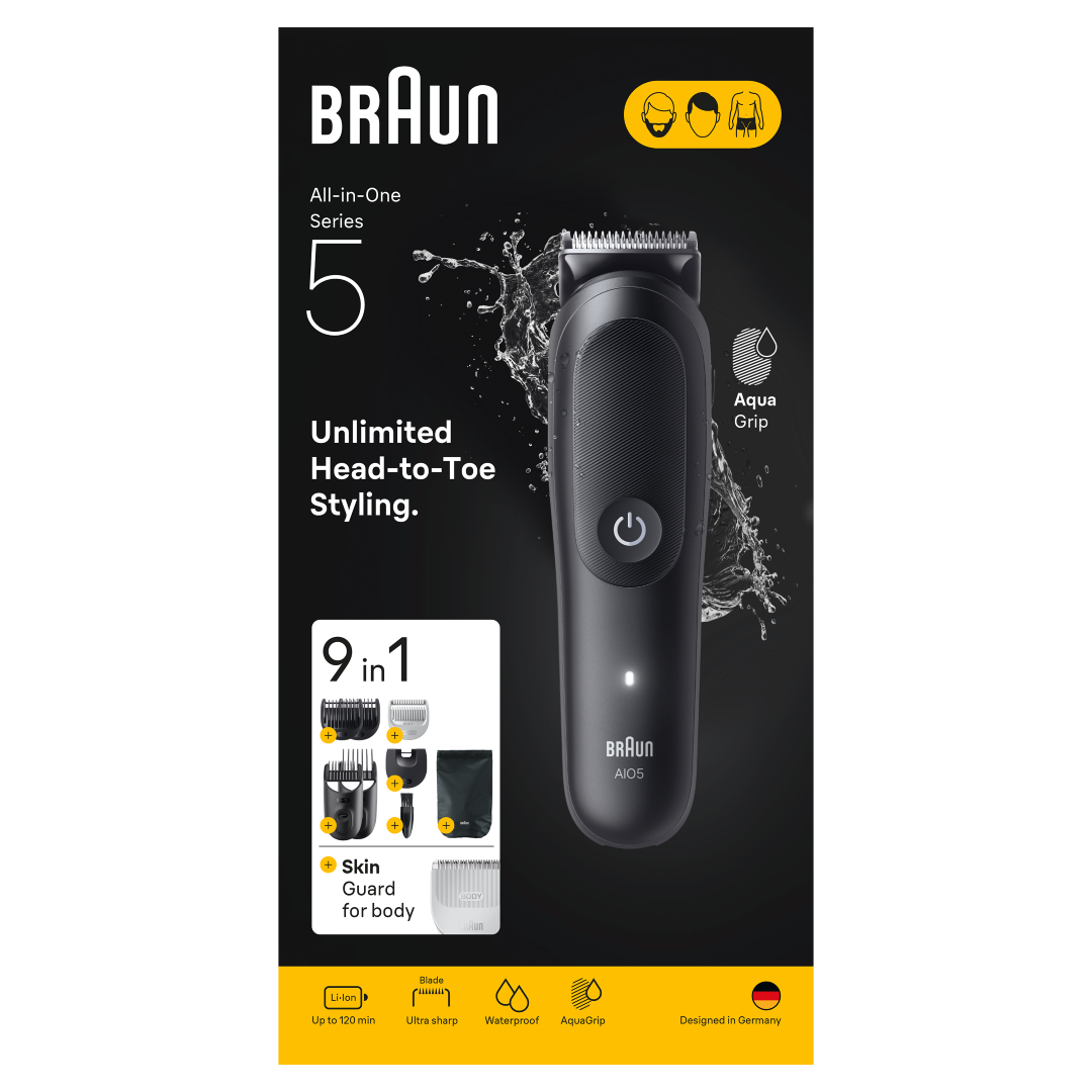 Trymer Braun All-in-One Seria 5 z 9 nasadkami, Li-Ion, wodoodporny.