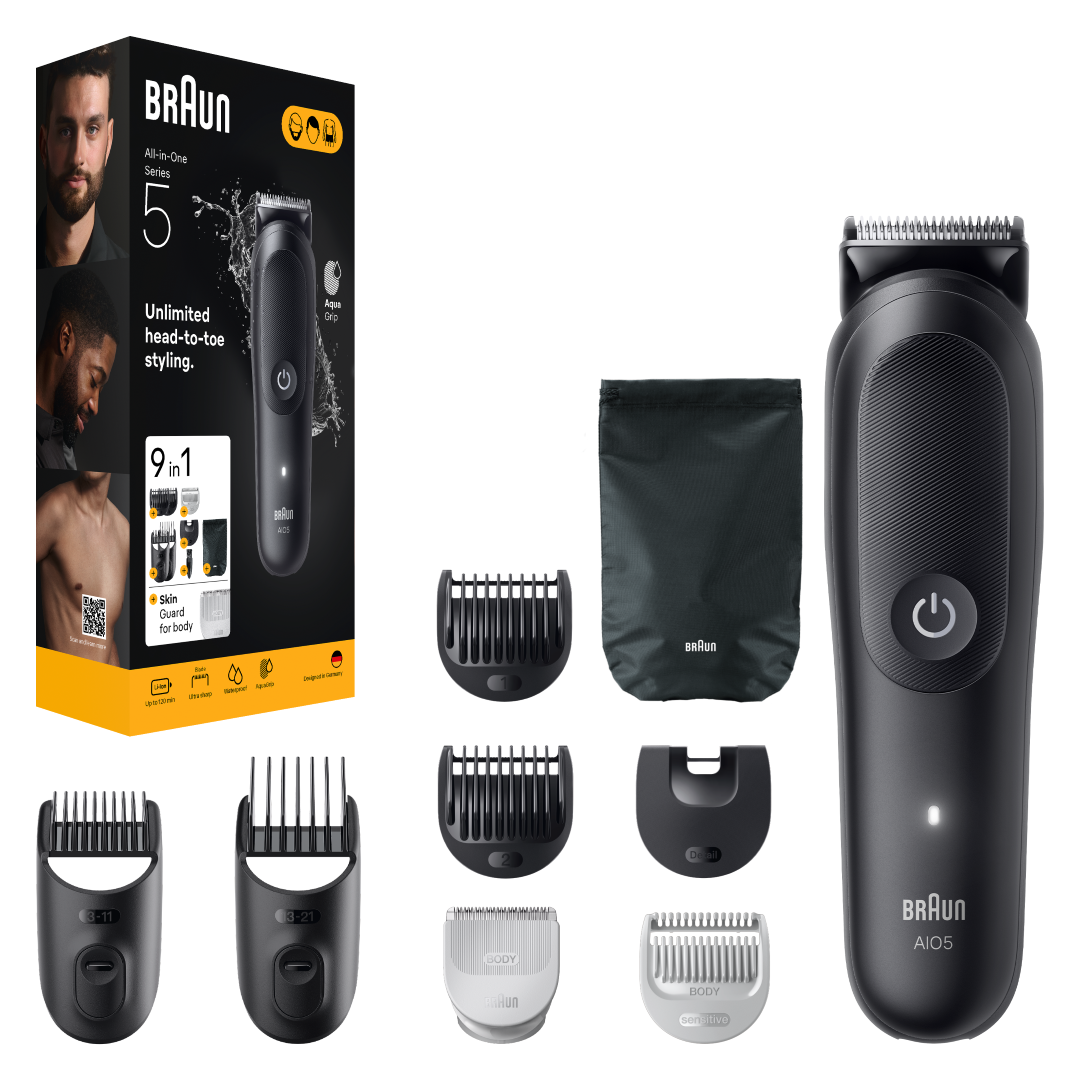 Trymer Braun Series 5 wielofunkcyjny z nasadkami, etui i kablem ładującym.