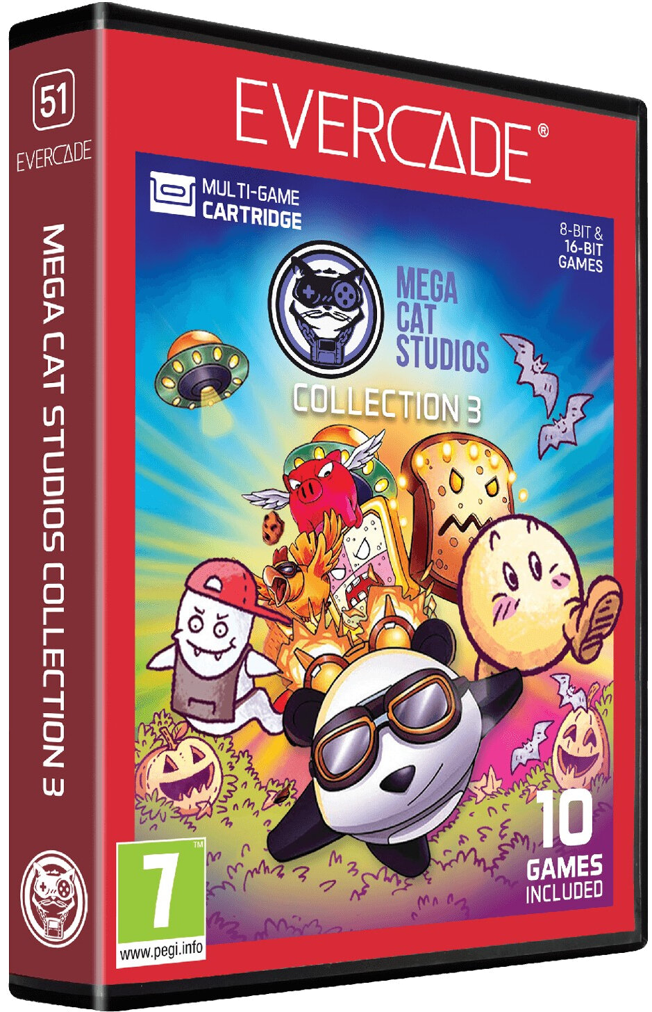 Pudełko gry Evercade z postaciami z kreskówek, pandą i UFO.